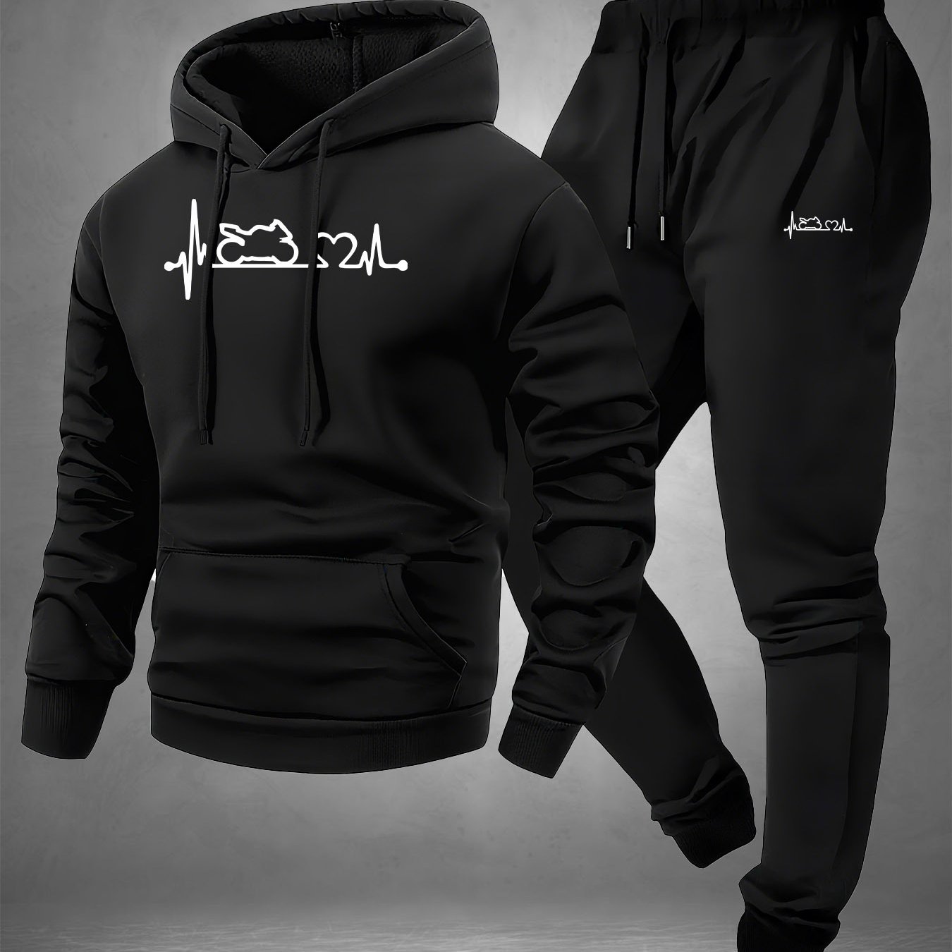 TEMU 2pcs Men's Motorcycle Heartbeat Hooded Sweatsuit Set - Ecg Graphic & Motorcycle Rider Design, Jogging Suit With Pockets, Machine Washable Casual