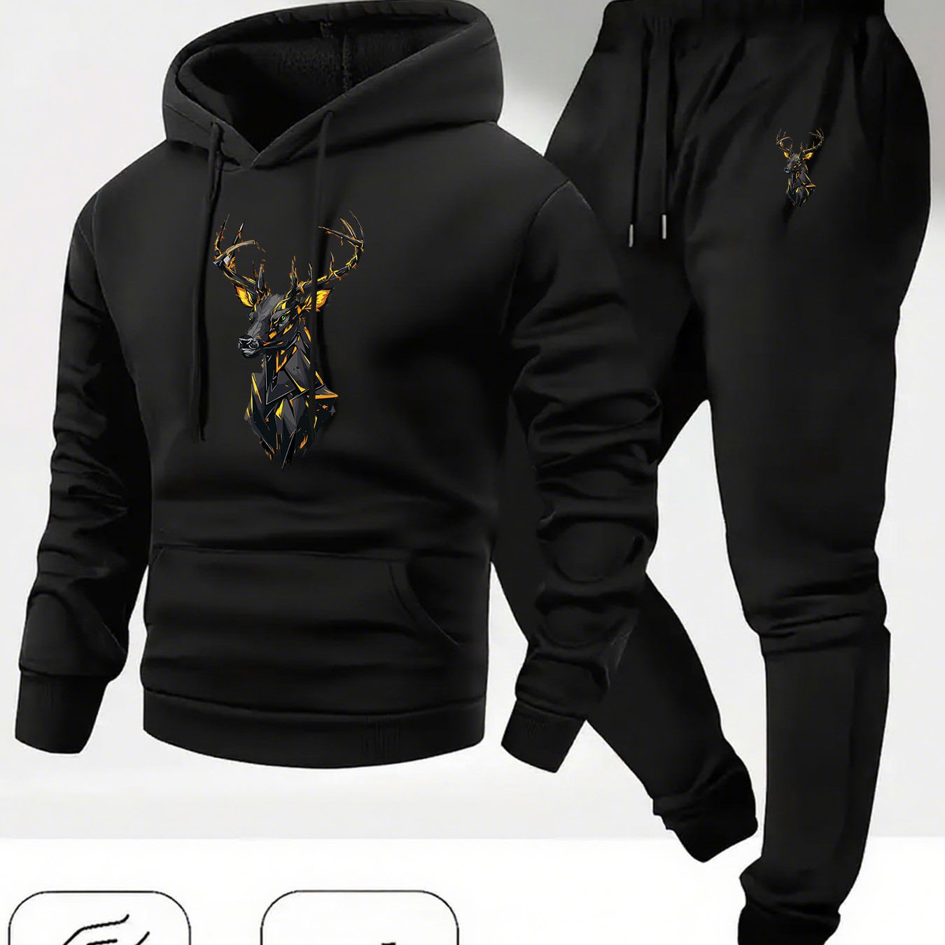 TEMU Black Golden Mechanical Deer Head Print -lined Thickened Men's Hoodie Set, Autumn/winter Casual Sportswear Set, Men' And Comfortable Hooded