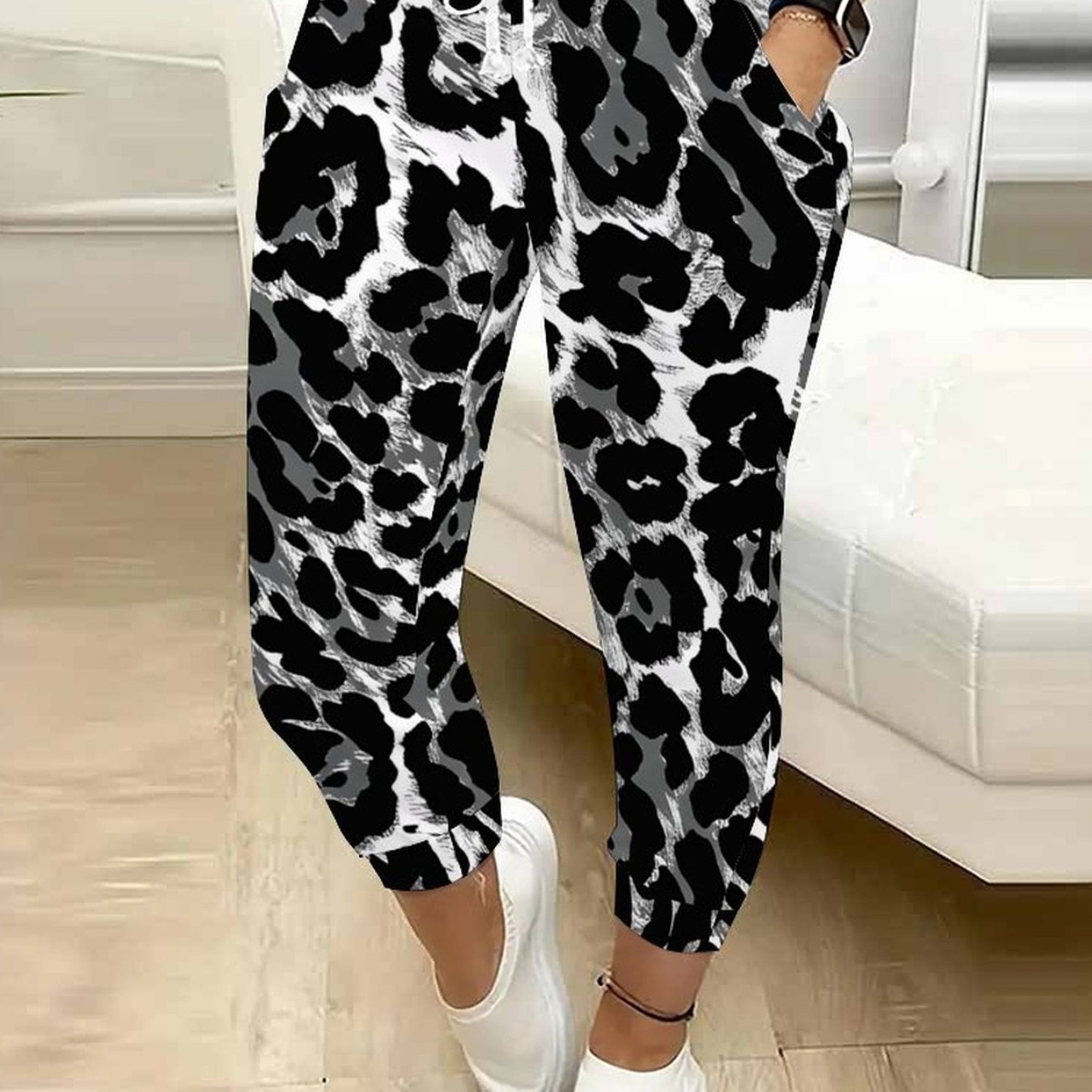 TEMU Classic Women's Drawstring Trousers With Leopard Print, Suitable For Outdoor, And Everyday Casual Wear