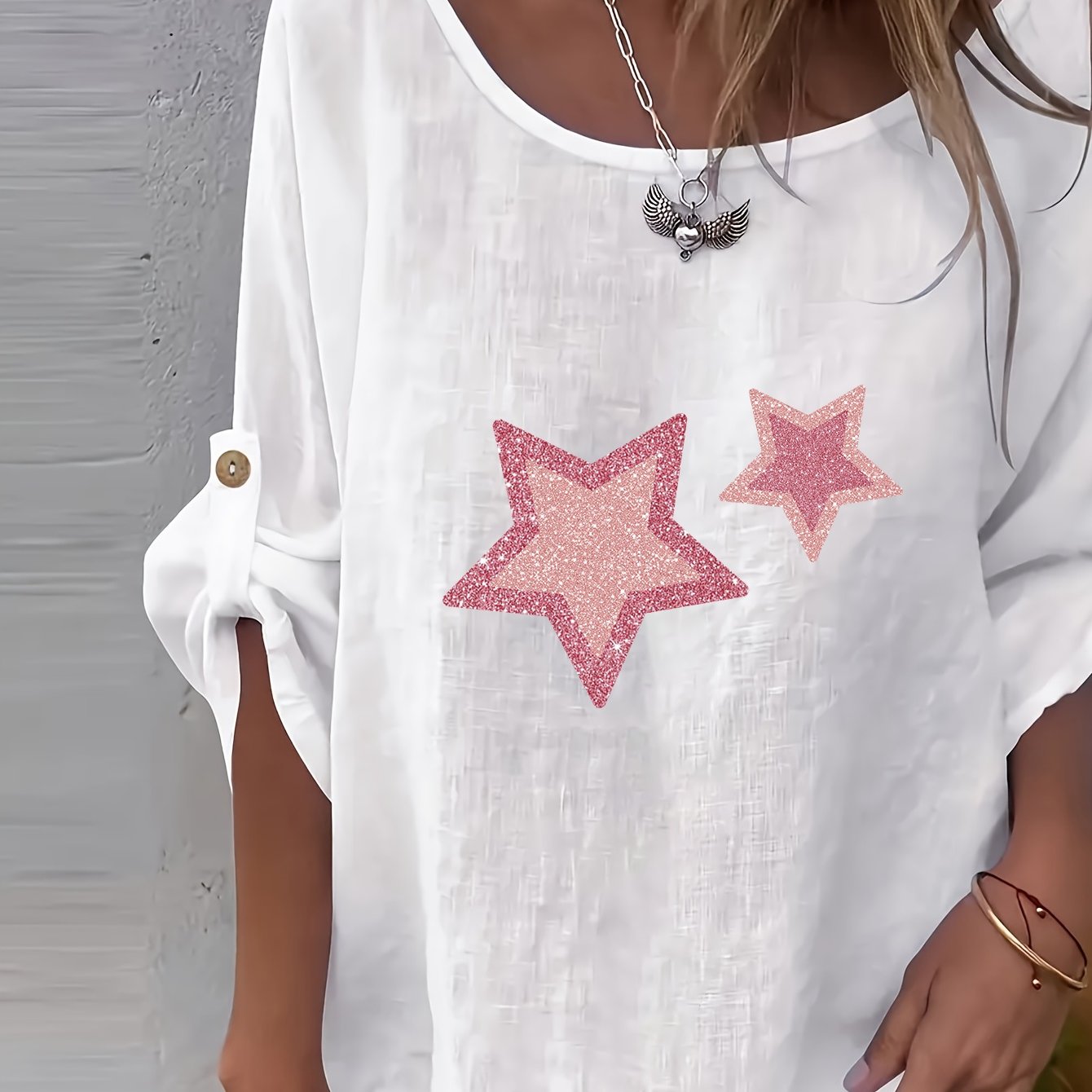 TEMU Elegant Women's Shirt - Solid Color Crew Neck Casual Fashion Top With "" Print, Button Detail Design Loose Fit For Spring/summer Wear, Versatile
