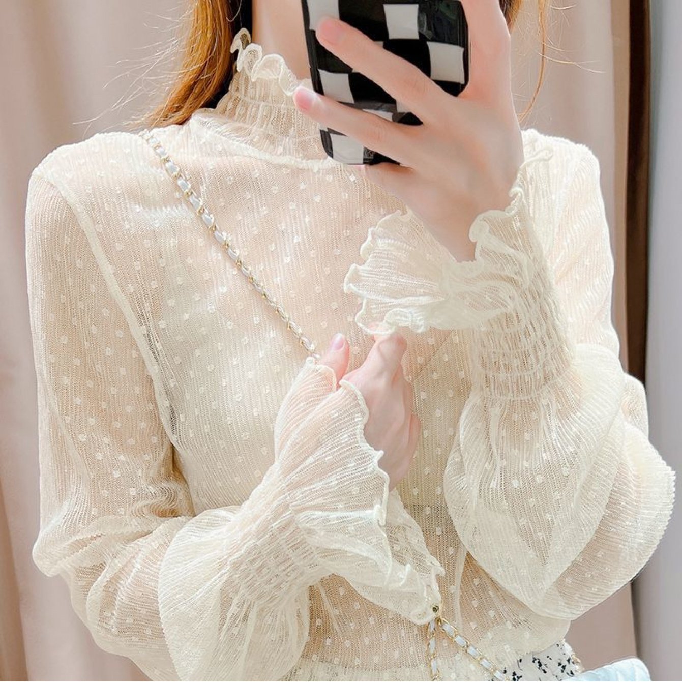 TEMU 【新作】春・夏・秋のスタイル、レースベースシャツ。ファッショナブルなブ、メッシュトップのハイネックデザイン。花と桜の季節に最適。キュートで、ソフトな素材を使用。レイヤリングに。レディース向け。