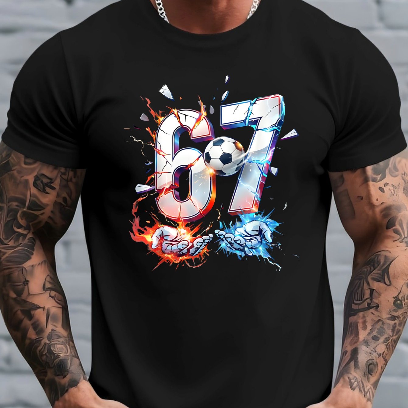 TEMU Men's 67 Meme Graphic T-shirt - "67" Number Football Design With Thumbs Up & Street Style Casual Short Sleeve Crewneck Tee, Comfortable Regular