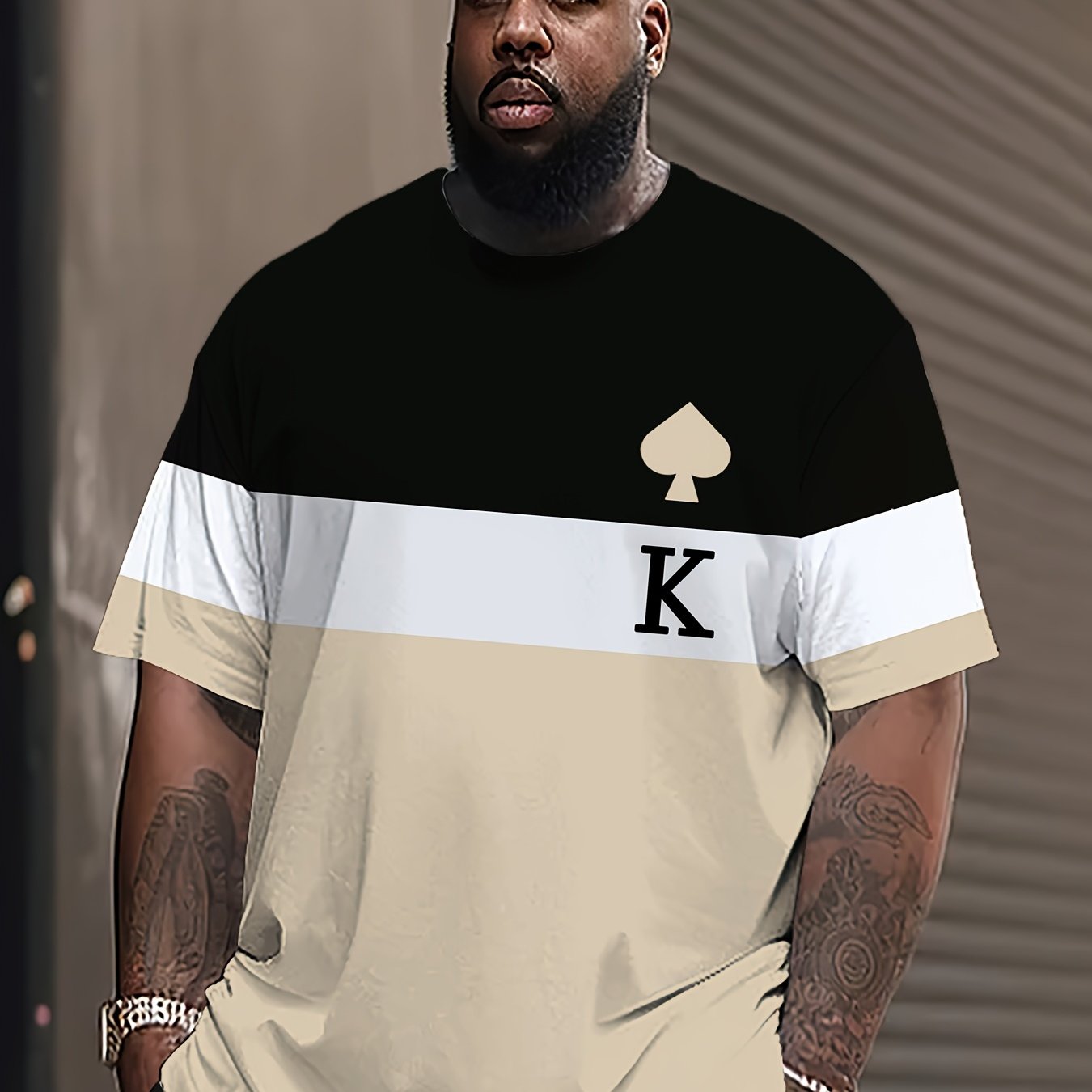 TEMU [printed Design - Not Textured] Men's Plus Size Color Block Letter "k" Print T-shirt - Comfortable Summer Casual Sportswear, Stretch Crew Neck