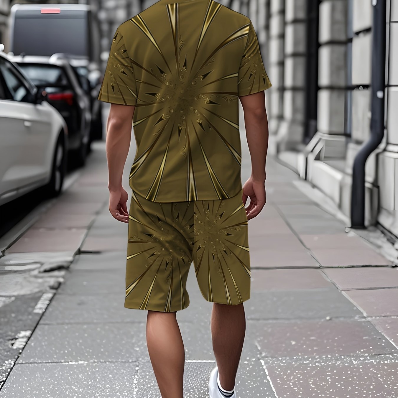 TEMU Fashion Geometric Print Short Sleeve And Shorts Set, Men's Trendy Casual Two-piece Suit, Summer Comfortable Breathable Outfit