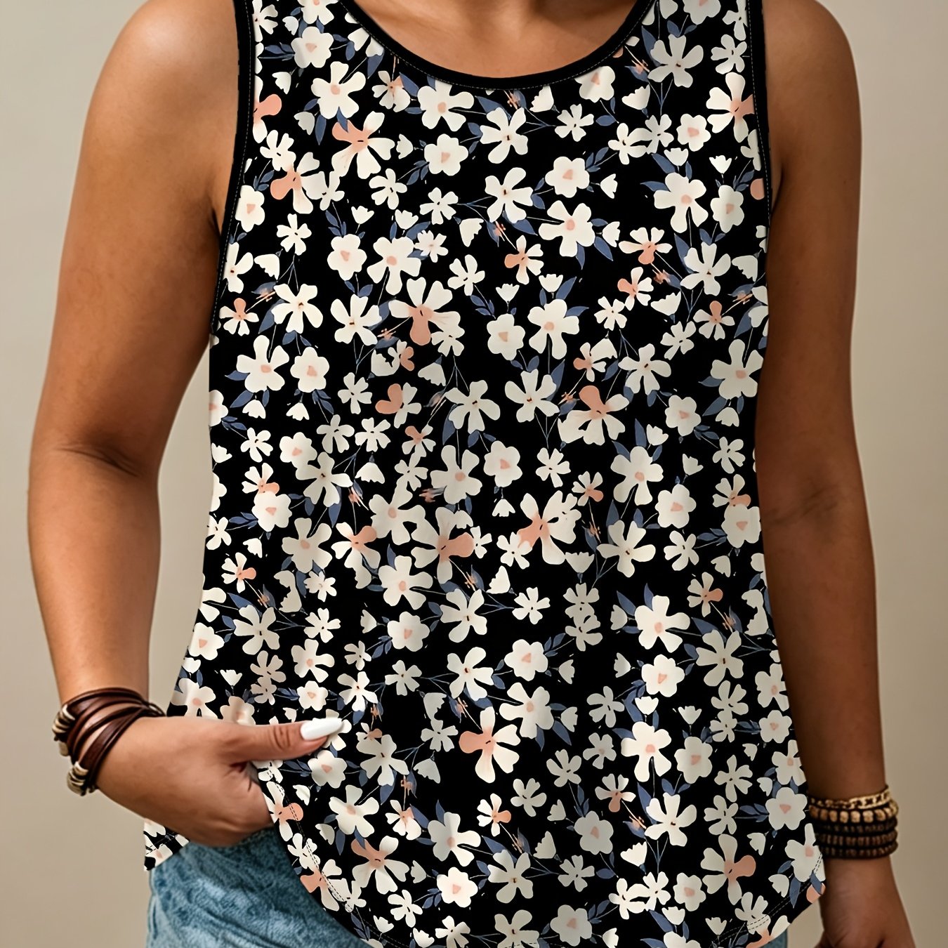 TEMU Vintage Floral Print Sleeveless Tank Top, Plus Size Women's Loose , Summer Cool Casual Sport Vest, Fashionable And Versatile For Layering Or