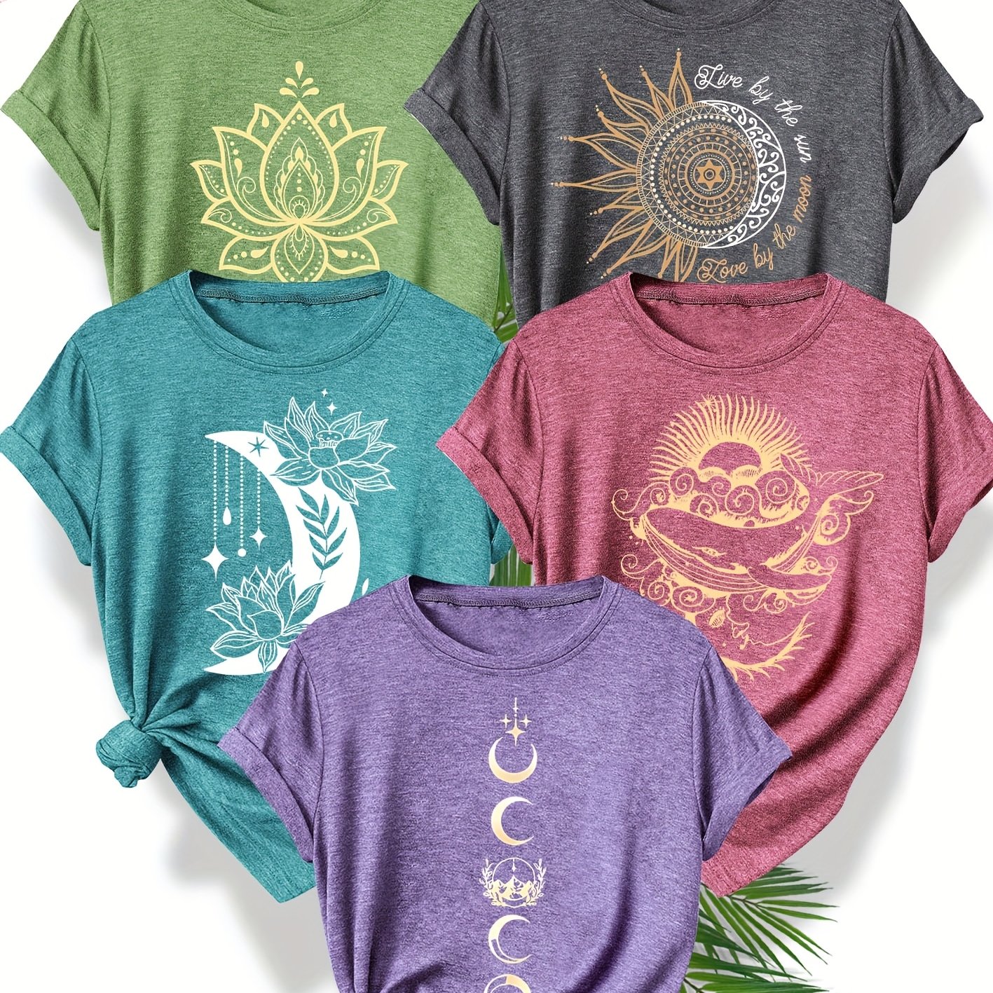 TEMU 5pcs Set: Simple And Clear Line Art With English Letters, Moon, Plant, And Floral Pattern Print. Fashionable And Elegant Women's Casual Sporty
