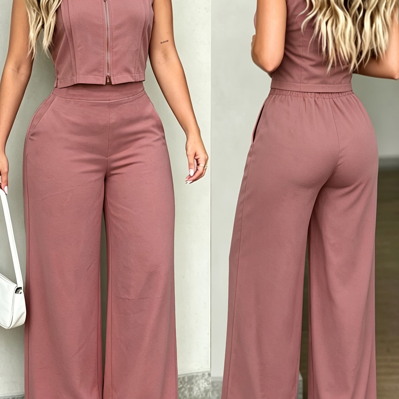TEMU Women's New Elegant Solid Color Shirt With Collar And Single-breasted Button And Wide-leg Long Pants Two-piece Set, Suitable For Summer Outdoor