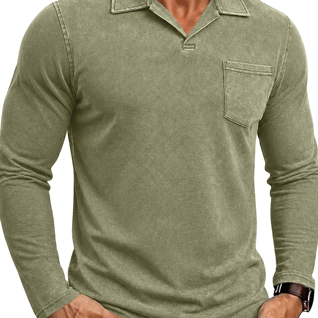 Image of Vintage Washed Long Sleeve Shirts For Men Turn- Collar Shirt Mens Solid Color Casual Lapel Pocket Tee Summer Basic Work T-shirt Top Distressed Home Sweatshirt For Daily Wear