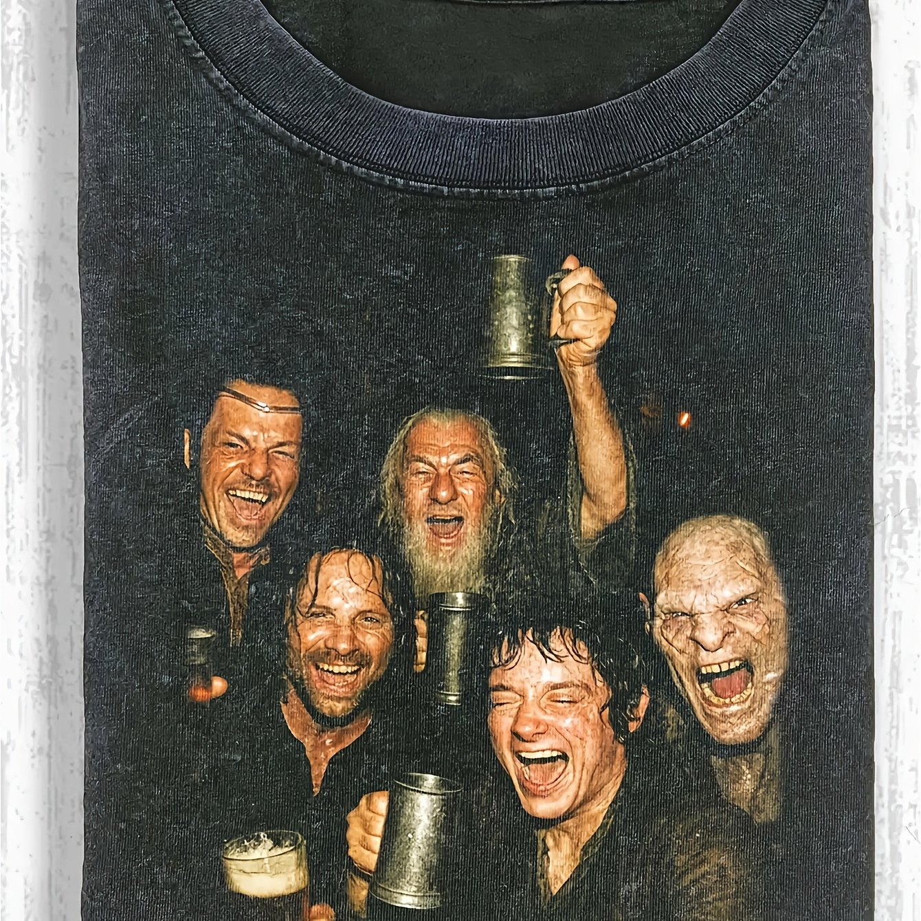Image of Middle-earth Cheers Washed Men's T-shirt, 230g Pure Cotton, Men's Summer Clothing, Vintage Distressed Style, Men's Gift, Casual Outing And Vacation