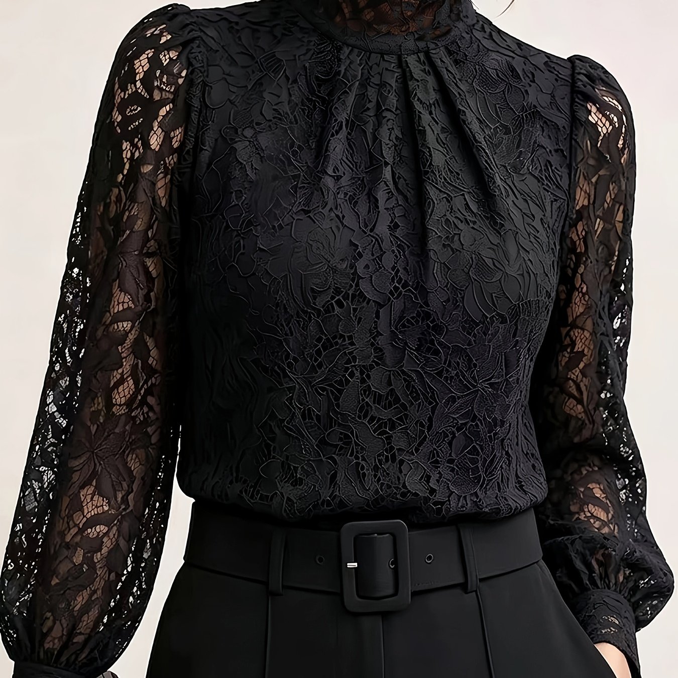 TEMU Elegant Women's Lace Top, High Neck With Puff Long Sleeves, Sheer Floral Lace Blouse With Chest Pleating, For Casual And Office Wear