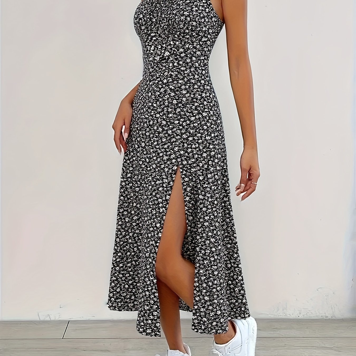 Ditsy Floral Print Slit Dress, Elegant Spaghetti Strap Midi Dress, Women's Clothing
