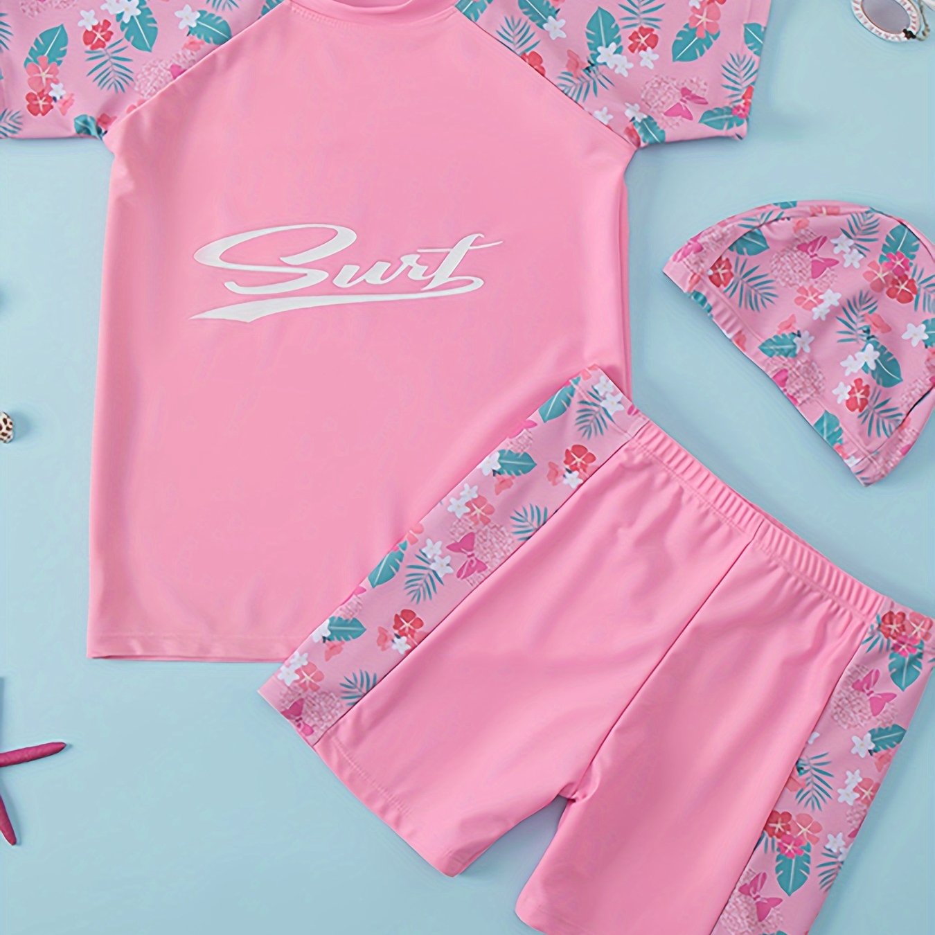 E-shop 3-teiliges Mädchenmode Badeanzug Badehose Badekappen Set, Weich Bequem Leicht Schnell Trocknend Atmungsaktiv, Mädchen Top Badeanzug Badehose