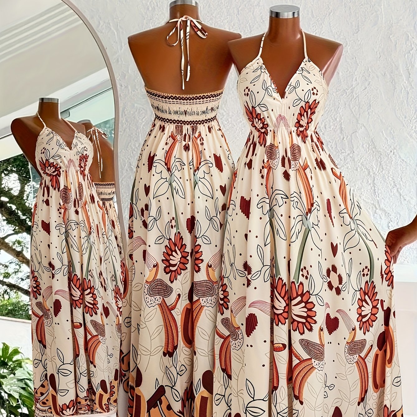 E-shop Damen Maxikleid mit Blumenmuster und Neckholder | Ärmellos, Taillengeschnürt, Fließende A-Linie, Leicht, Ideal für Sommerurlaub und
