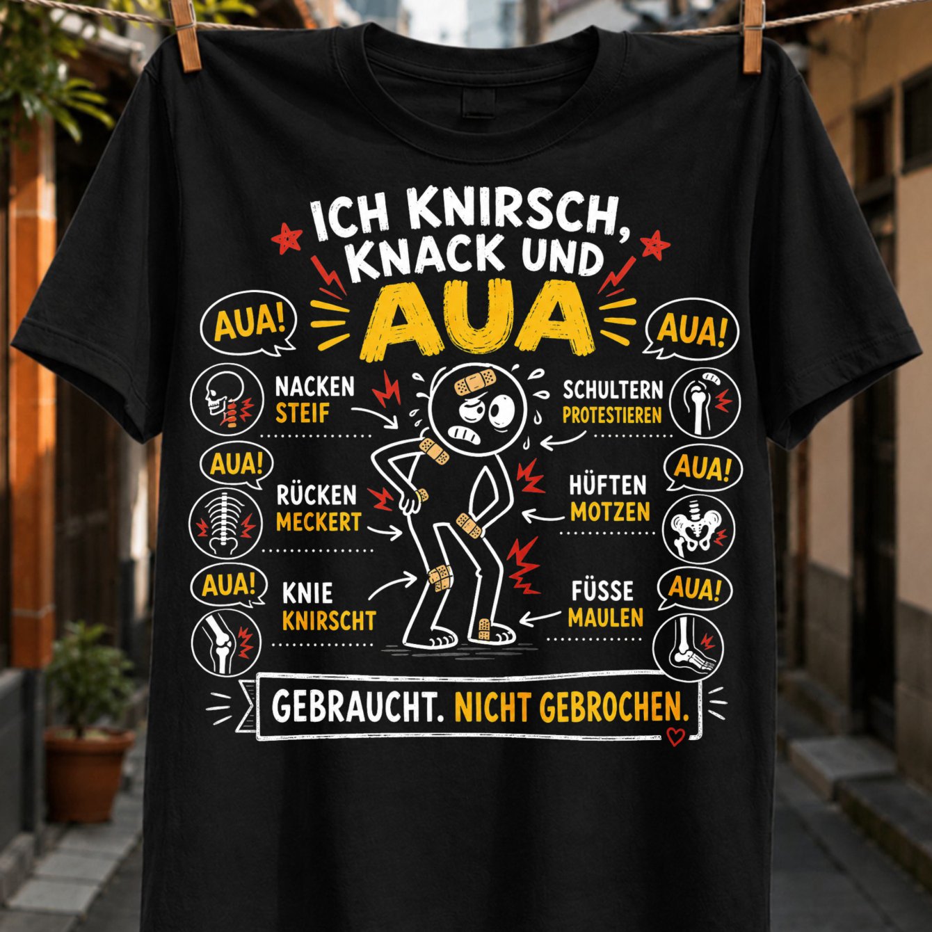 Crack And Used German Aging Humor With Sore Cartoon Body And Yellow Red Unisex All T-shirt