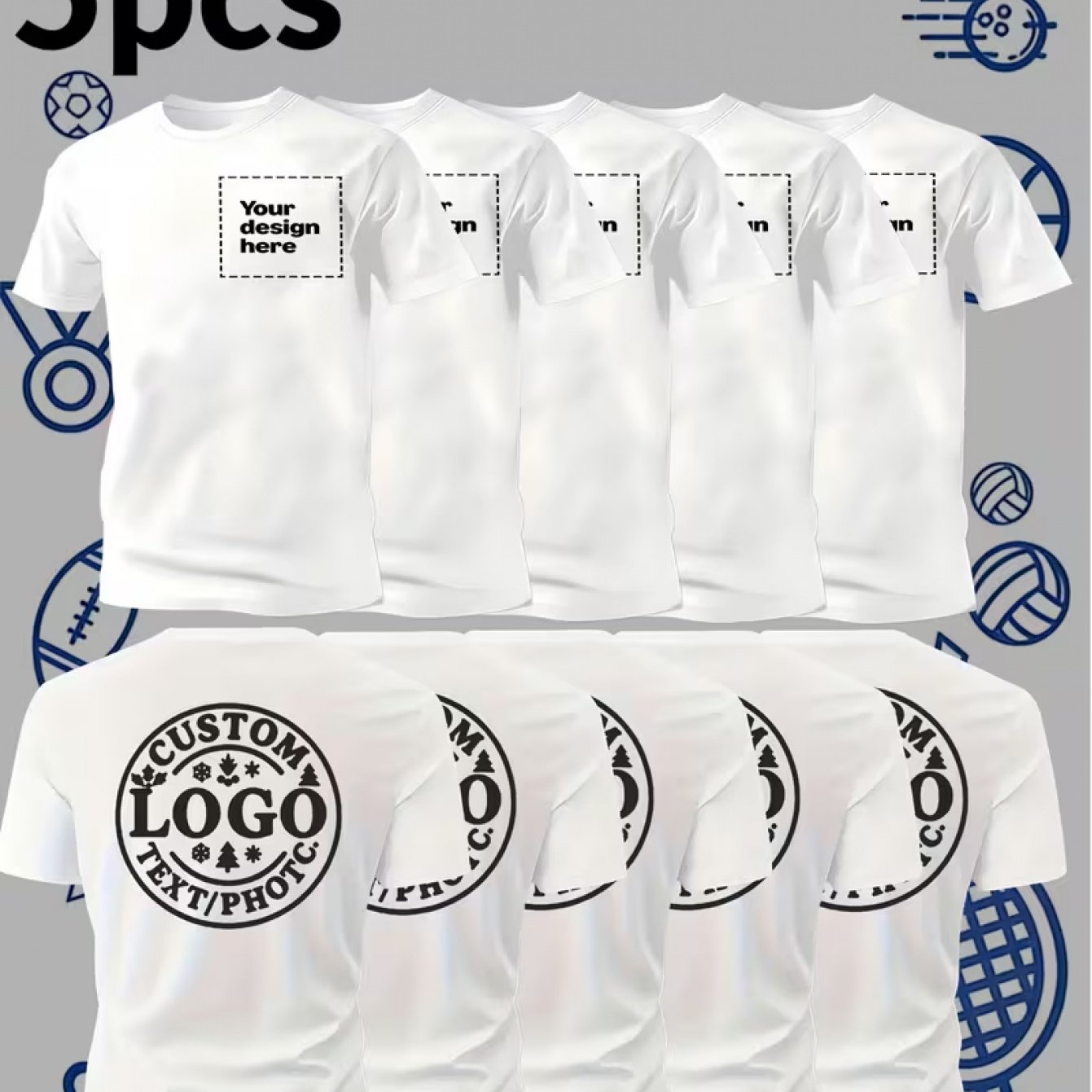 TEMU 5pcs Men's Quick-dry T-shirts - Logo/ Chest & Back Printing, Lightweight Breathable Moisture-wicking Athletic Tees Suitable For Summer, Gym,