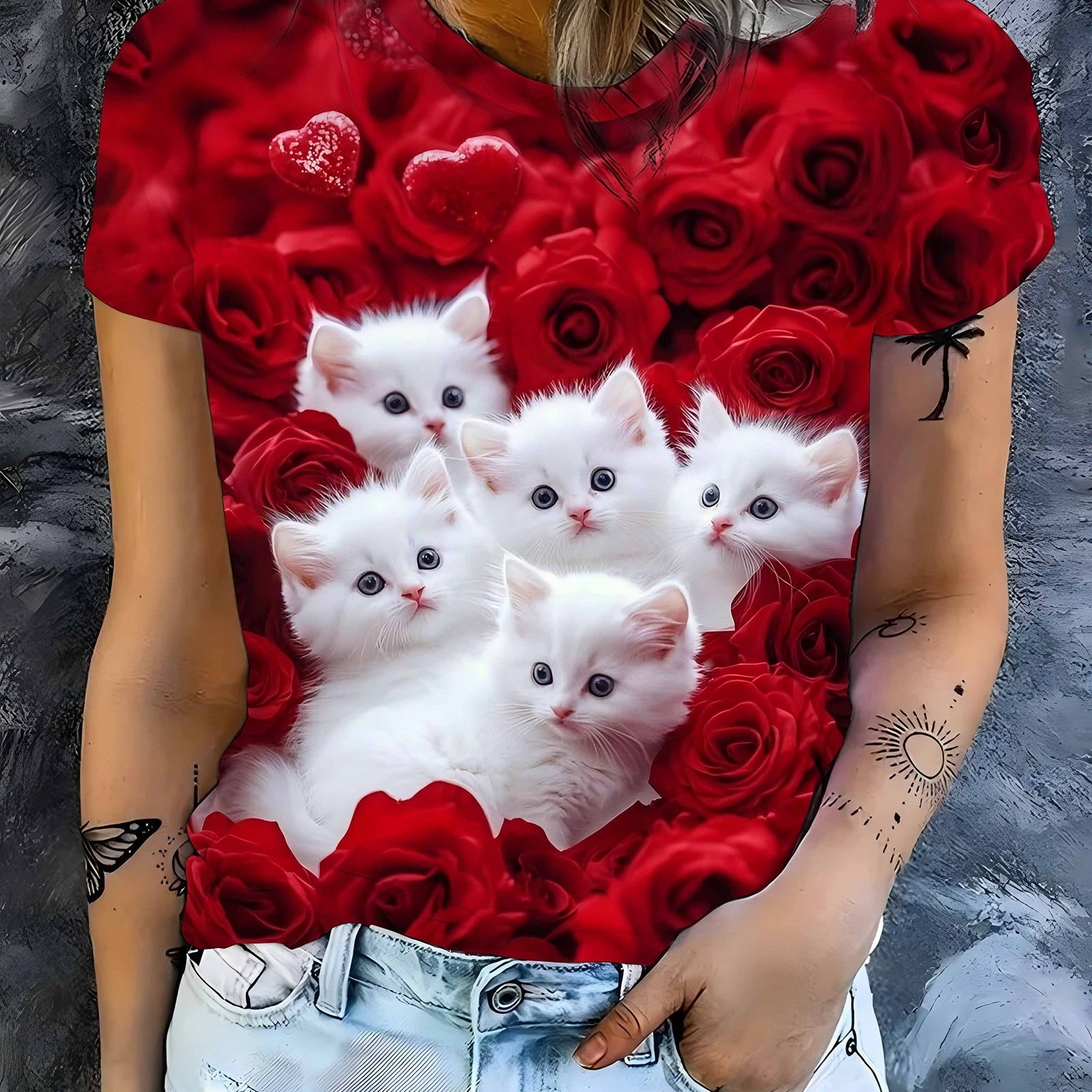 TEMU A Group Of Cute White Cat Pattern Printed Designs Lying On Roses, Women's Fashionable Tops, Women's Autumn And Winter Round Neck T-shirts,