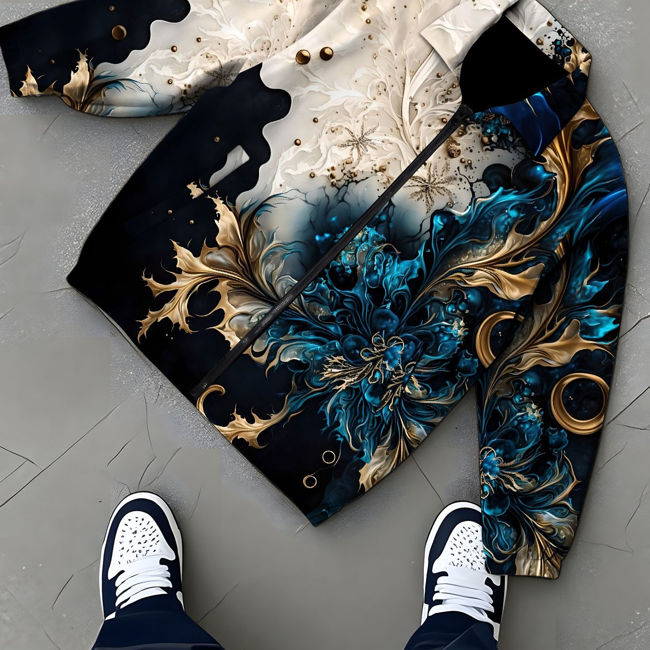 TEMU 's Lapel Jacket, Soft Polyester Casual Jacket Top, Blue White Golden Pattern With Round Elements, Luxurious Style Trendy Fashion Lightweight