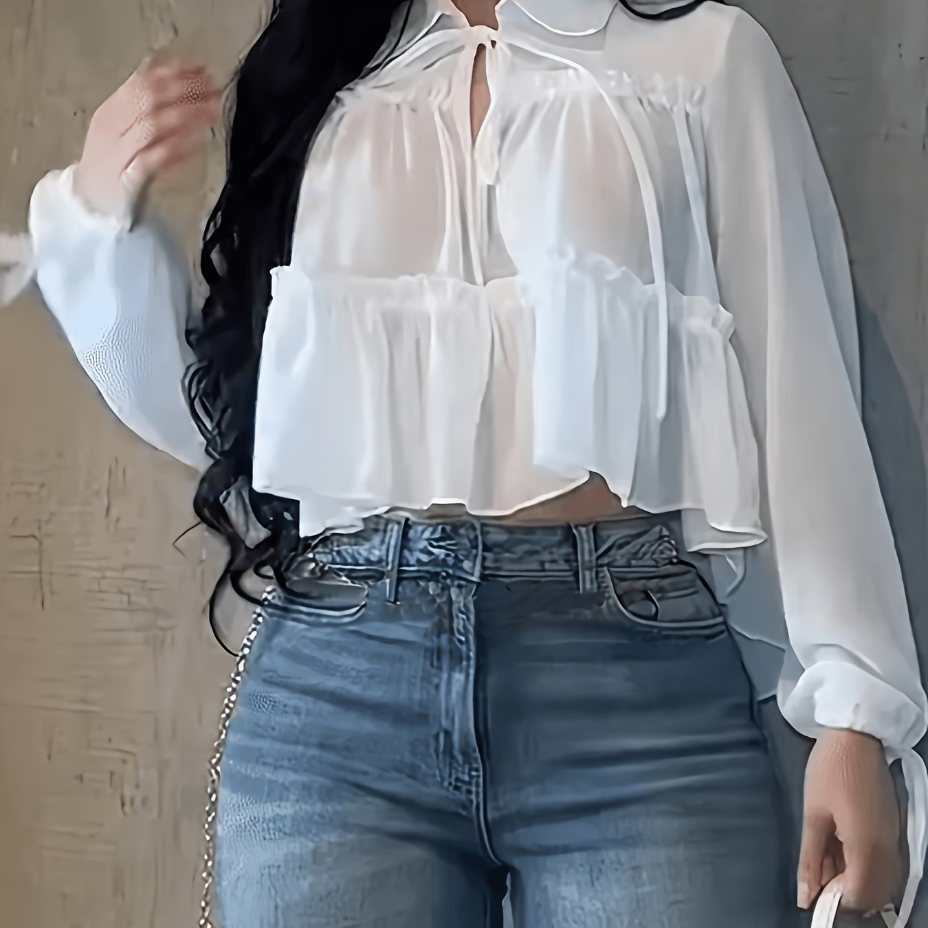 TEMU Women's Elegant Casual Shirt, Asymmetrical Design, Turn- Collar Tie Lantern Sleeve Loose Top, Solid Color Fabric Hem, Suitable For Daily Wear,