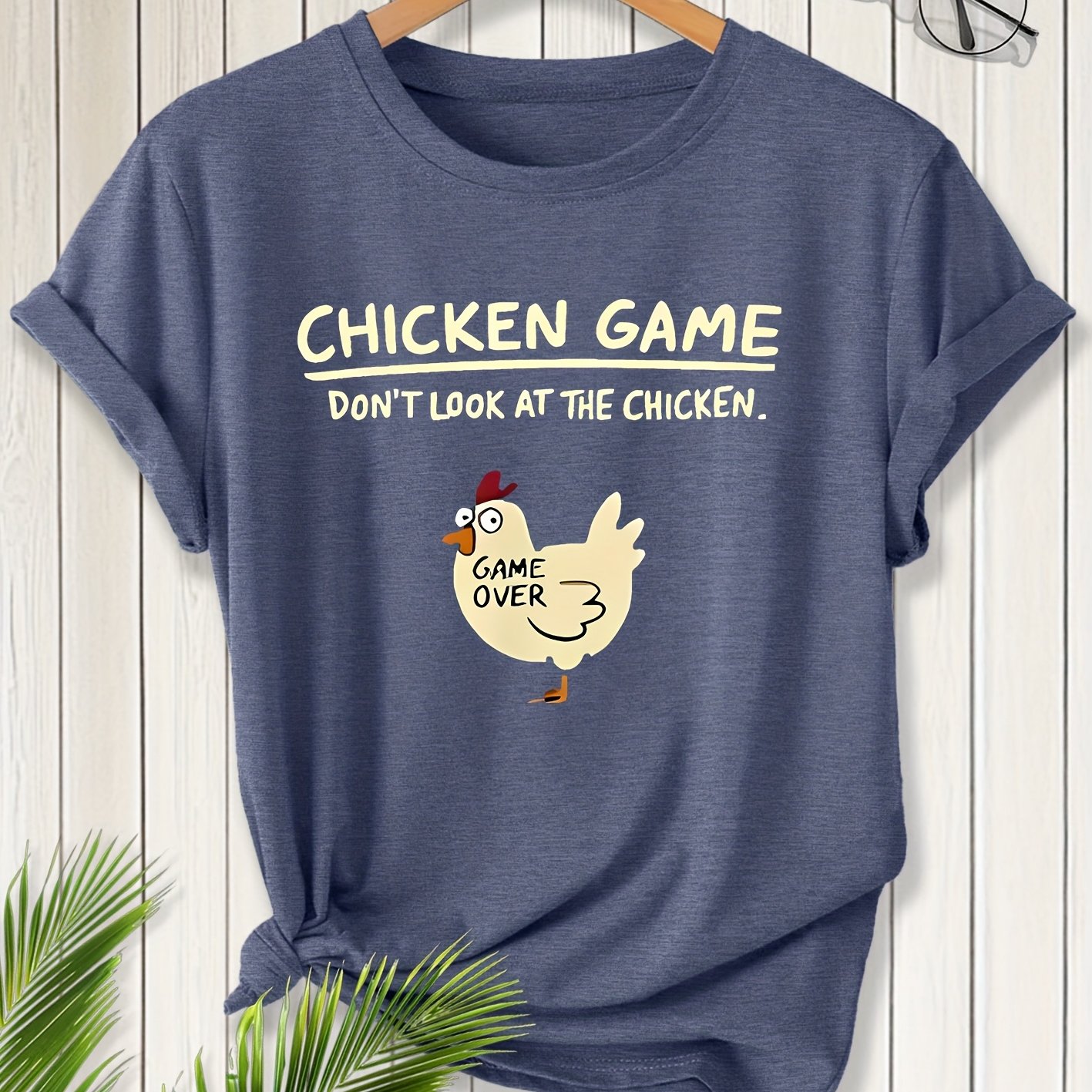 TEMU Elegant Chick Game Thema Bedrukt Dames T-Shirt | Vintage Stijl, Medium Stretch Stof, Ronde Hals, Tekenpatroon, Geschikt voor Lente, Zomer,