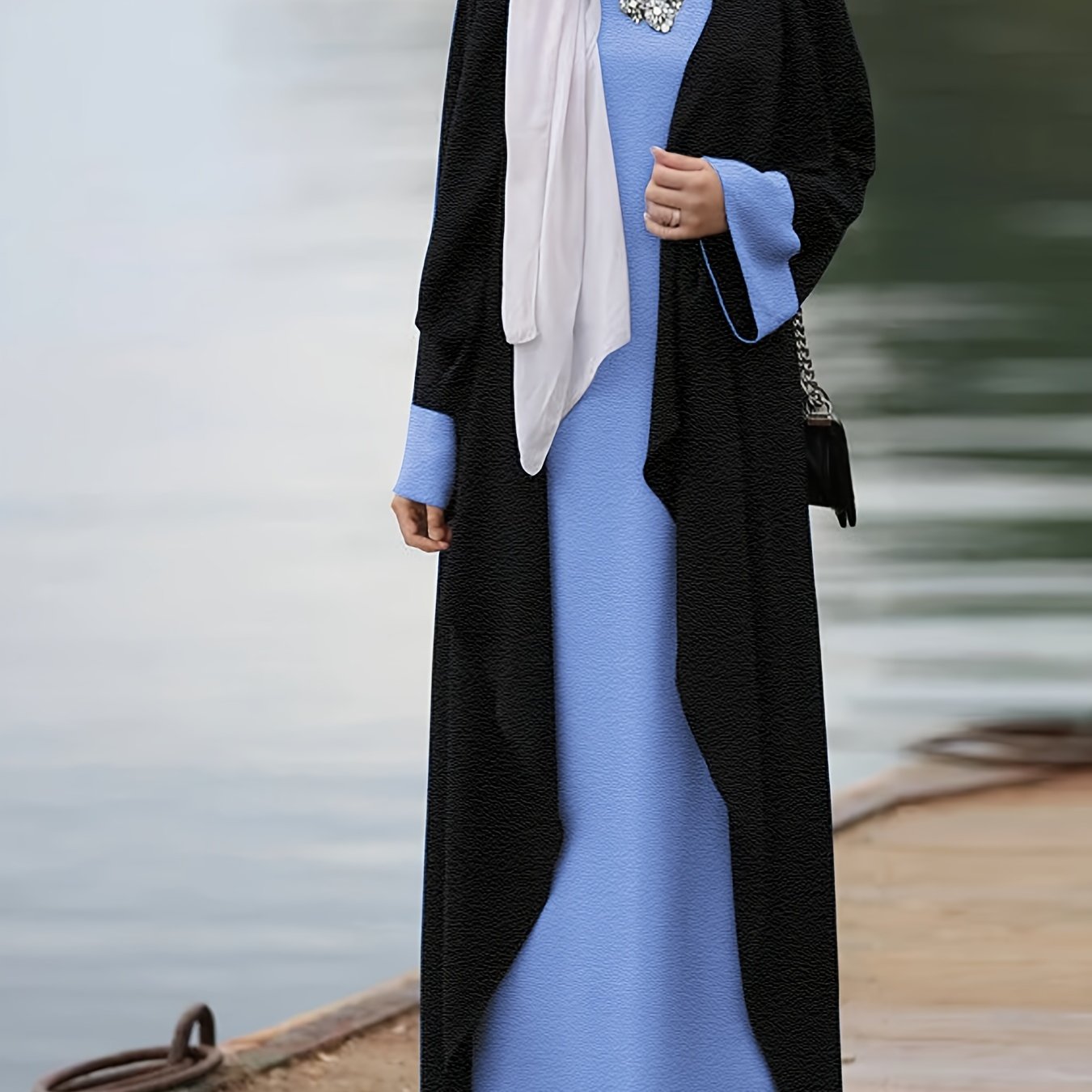 TEMU Ensemble pièces pour femme : robe longue unie et robe de dessus de style musulman du Moyen-