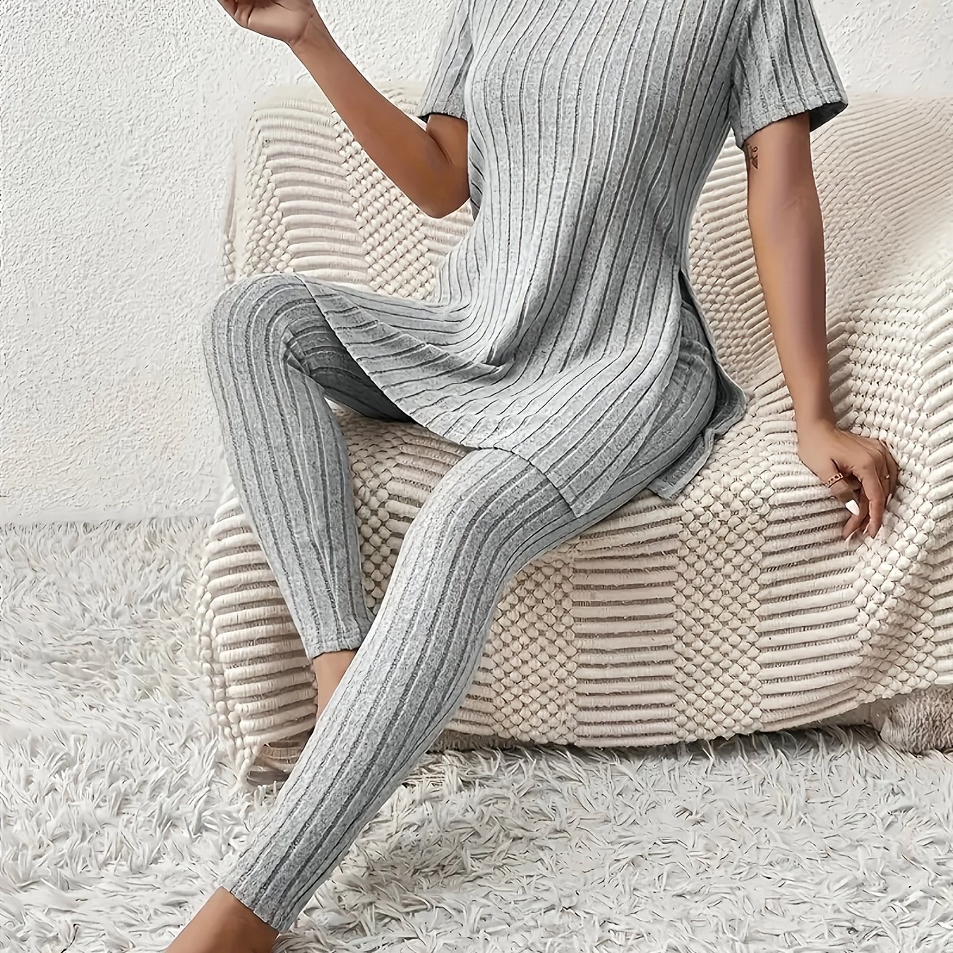 TEMU Conjunto de de manga corta con cuello y abertura individual y pantalones largos ajustados de cintura para y otoño, ropa cómoda para el hogar y