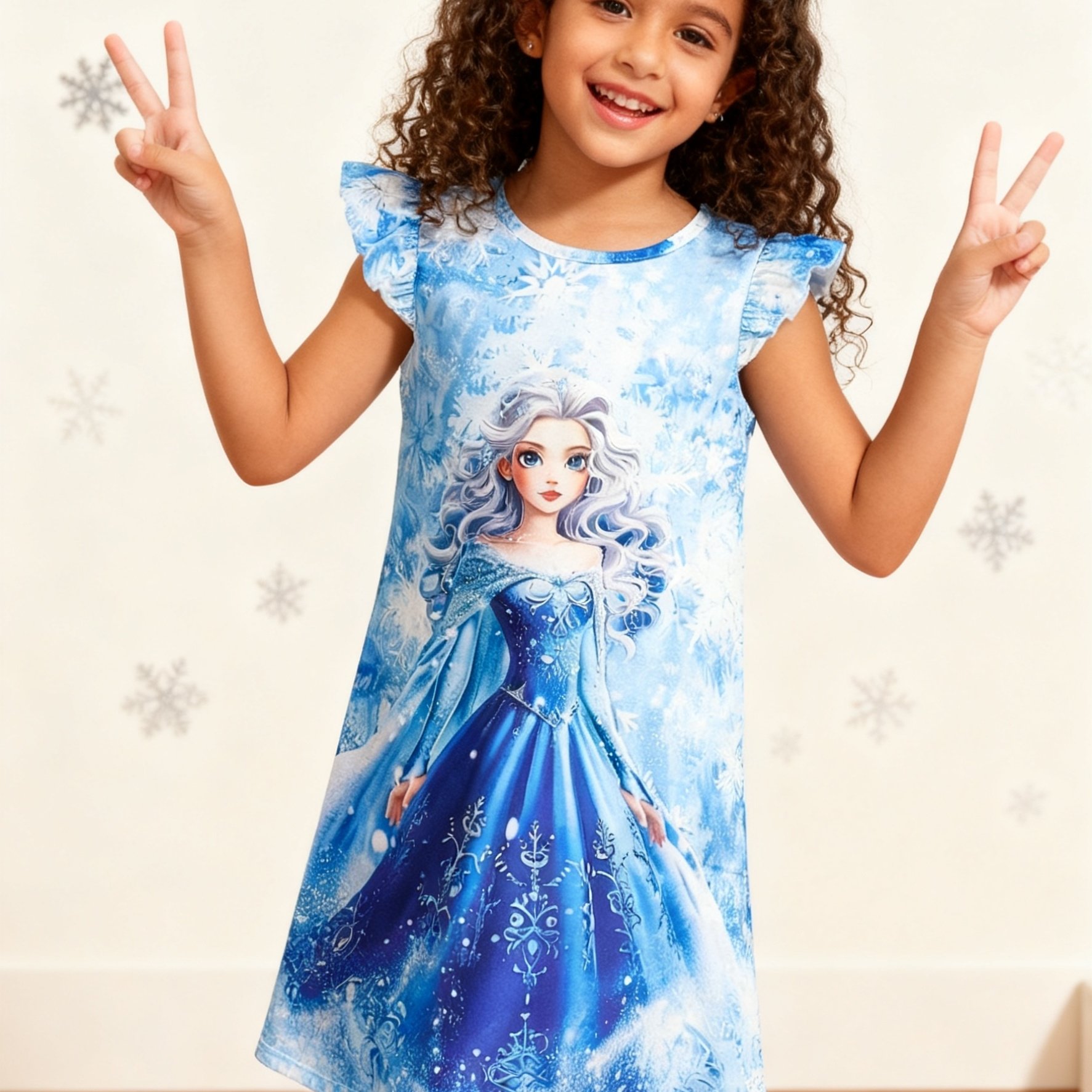 Image of Little Girl Snowflake Princess Print Ruffle Sleeve Children's Outerwear Dress