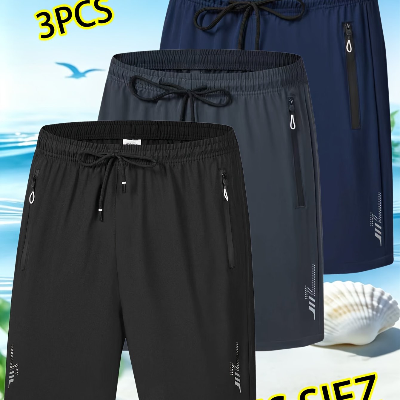 Image of 3pcs Men's Lightweight Quick- Shorts - Plus Size Loose Fit With Elastic Drawstring Waist And Zippered Pockets - Fitness, Running, Beach & Outdoor Sports Shorts - Comfortable , Large Size, Plus Size