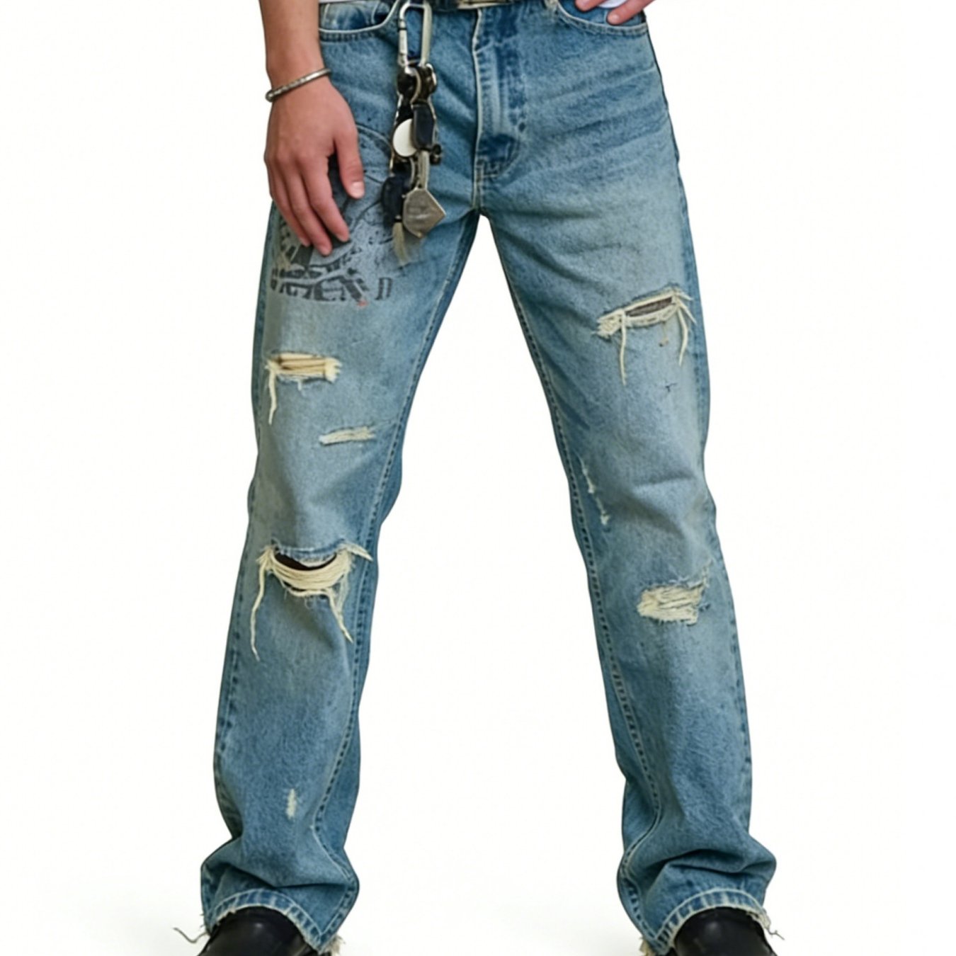 Image of [hme]h331 '-style Jeans For , Featuring Heavy-duty Washed And Distressed Designs, Mid-rise Non-stretch , Trend, Machine Washable Denim Fabric, Essential Long Pants For Casual Or Date Outfits