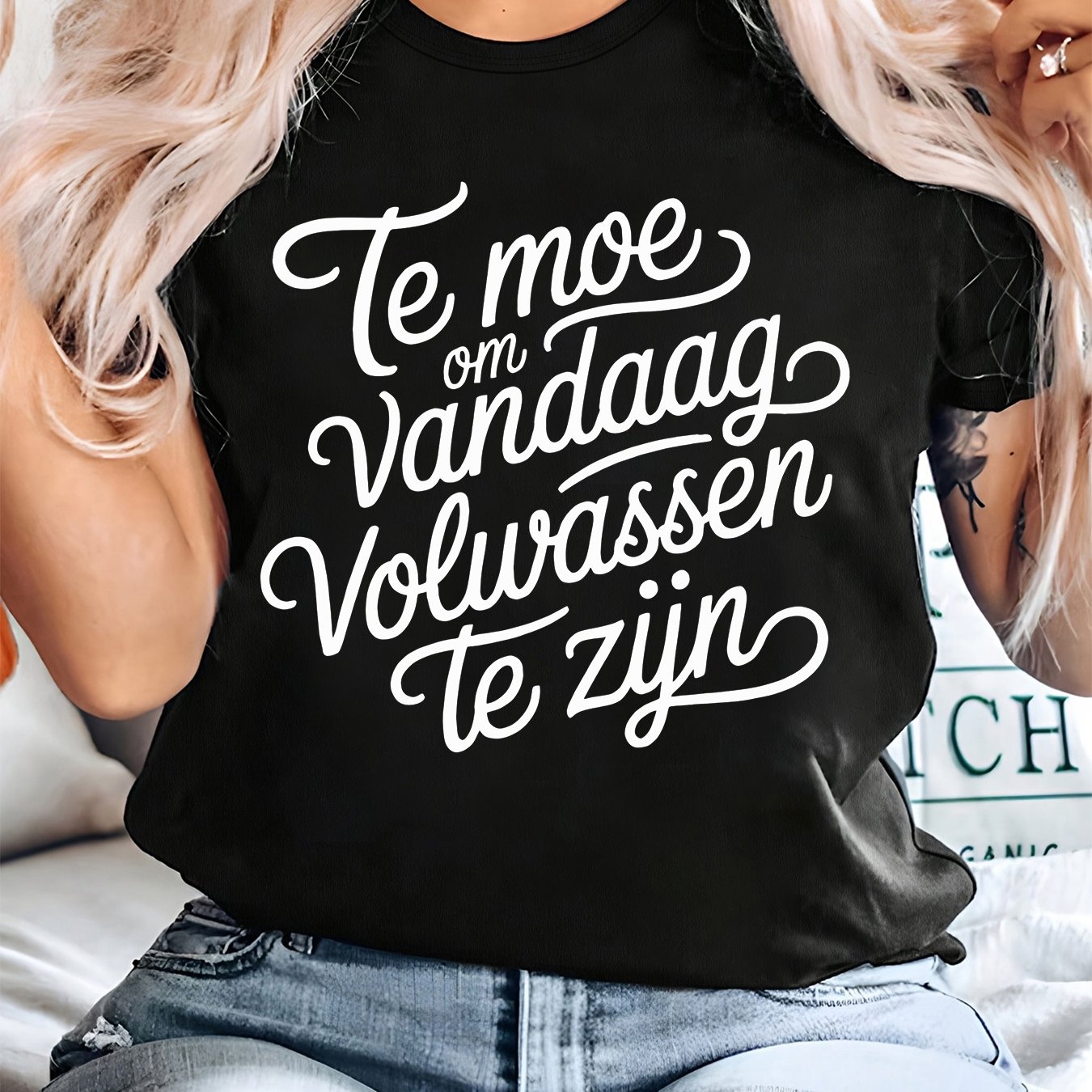 TEMU Plus Size, Plus Size 5xl Oversized Dutch T-shirt With "vandaag" & "volworen Te Zijn" Print - Casual Short Sleeve Round Neck Blouse, Comfortable