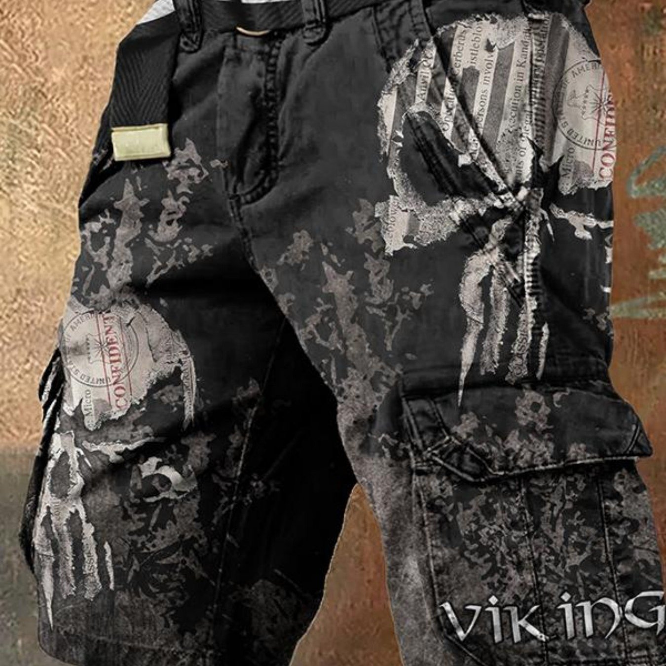 Image of (print Design - Texture Free) New Arrival Men's Cargo Shorts Vintage Viking Skull All Over Printed Polyester Comfortable Breathable Casual Great Gift For Men (shorts Belt Not Included), Plus Size
