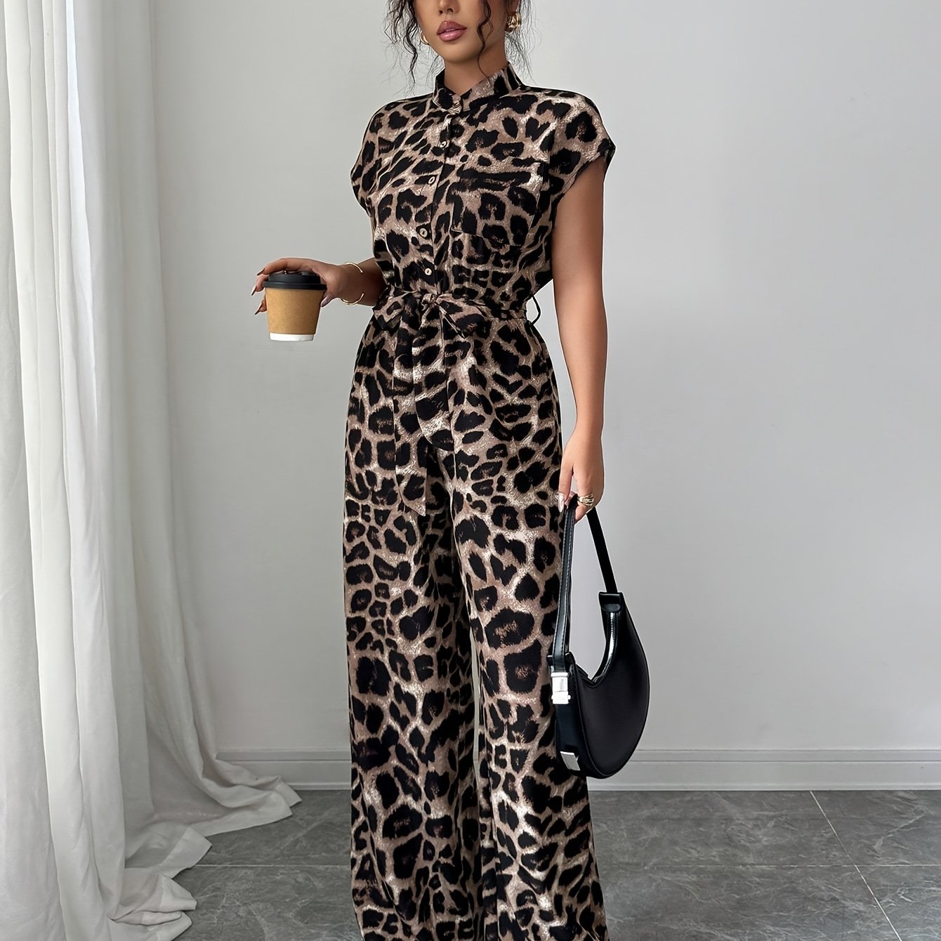 TEMU Women's Elegant Leopard Print Stand Collar Open Front Short Sleeve Loose Jumpsuit