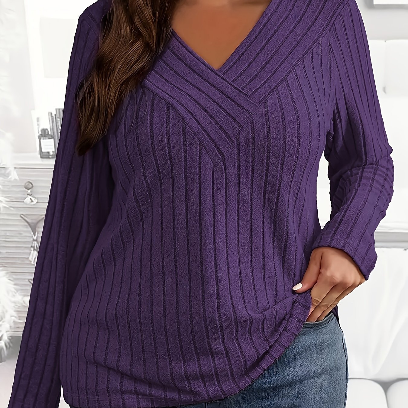 TEMU Plus Size Ribbed V-neck T-shirt, Long Top For & Fall, Women's Plus Size Clothing