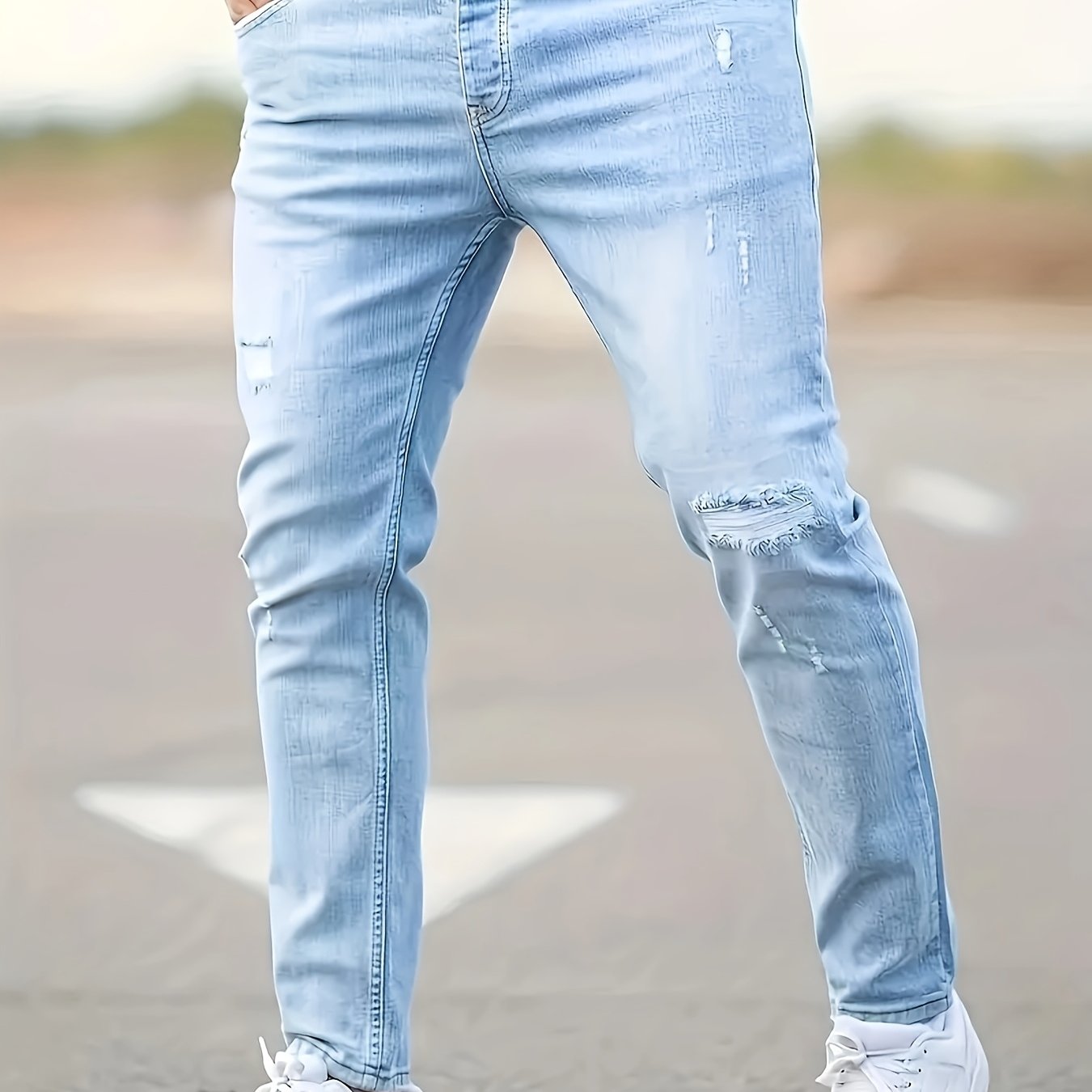 Men's Slim Fit Stretch Jeans - Light Blue Ripped Design, Versatile Style, Suitable For Blend, Low Waist Jeans