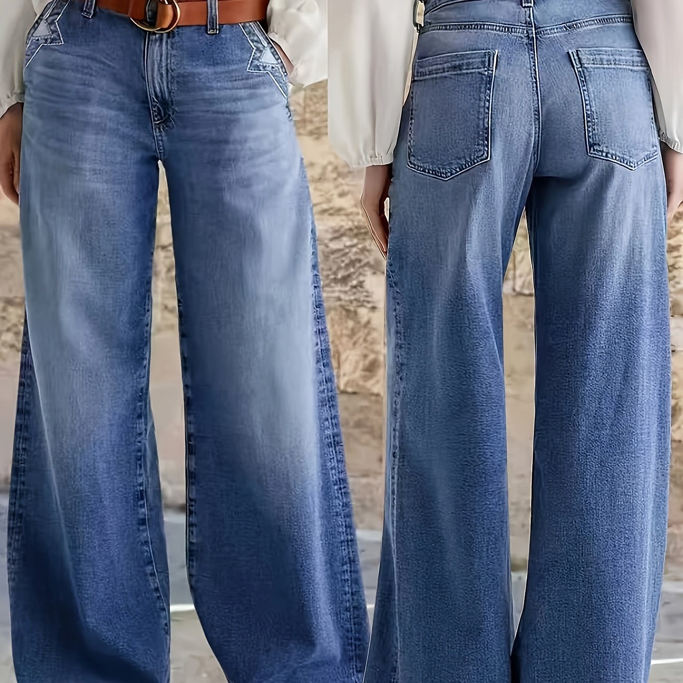 Image of Women's 2026 New Elastic High-waisted Pants, Featuring Pockets In A Washed Blue Color, Ultra-wide Leg Trousers That Touch , Street Style Women's Clothing, Boyfriend Jeans Suitable For