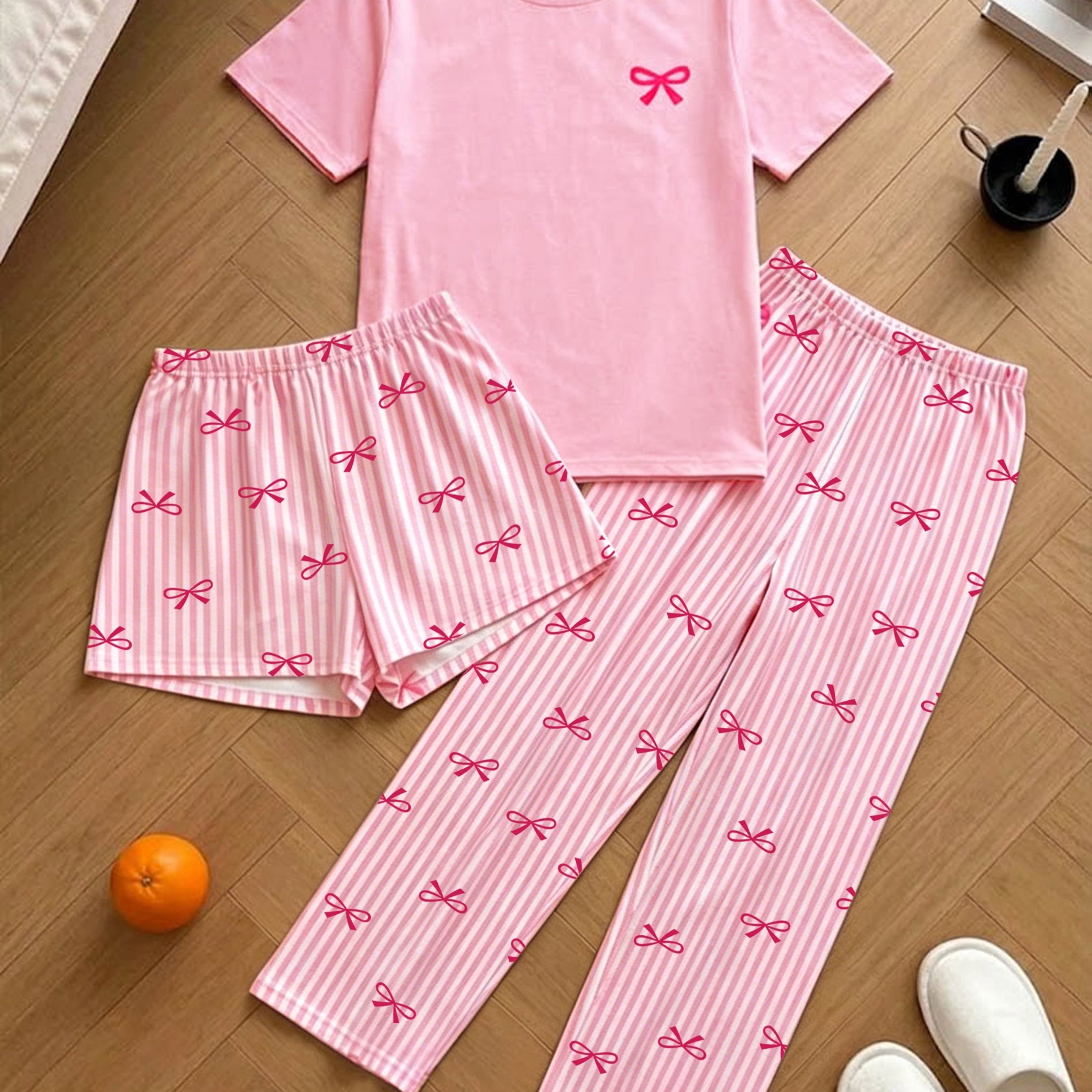 TEMU Women's 3pcs Striped Bow Print Pants, Top, And Shorts Loungewear Pajama Set, Casual And Comfortable For Spring, Summer, And Fall Styles