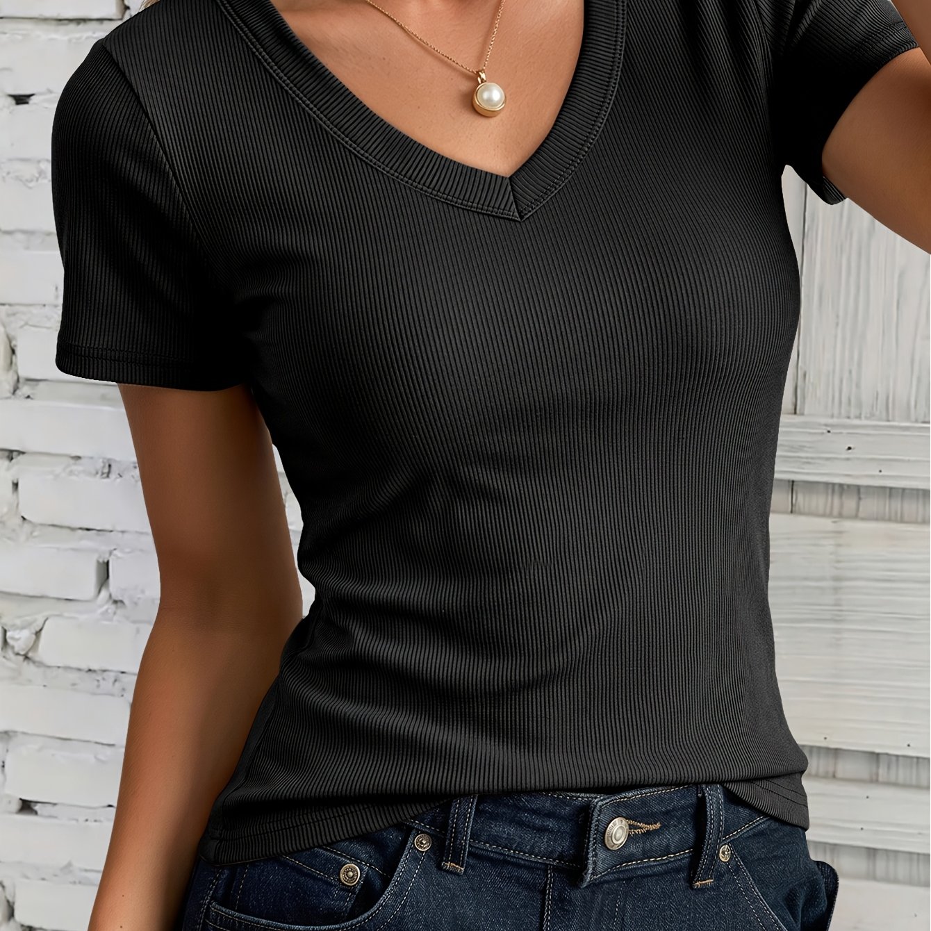 TEMU Women's Ribbed V-neck Short Sleeve T-shirt, Solid Color Short Sleeve Tee, 2026 New Summer Short Sleeve Top, Casual Elegant Top, Fashionable Easy