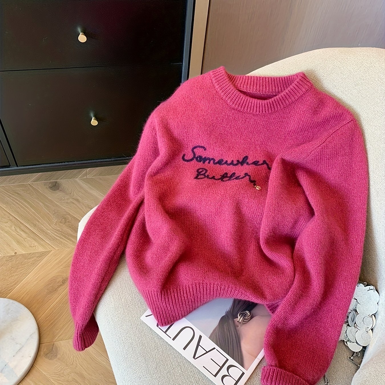 TEMU Rose Red Letter Embroidered Soft Sweater Women Autumn And Winter Design -reducing Sweater