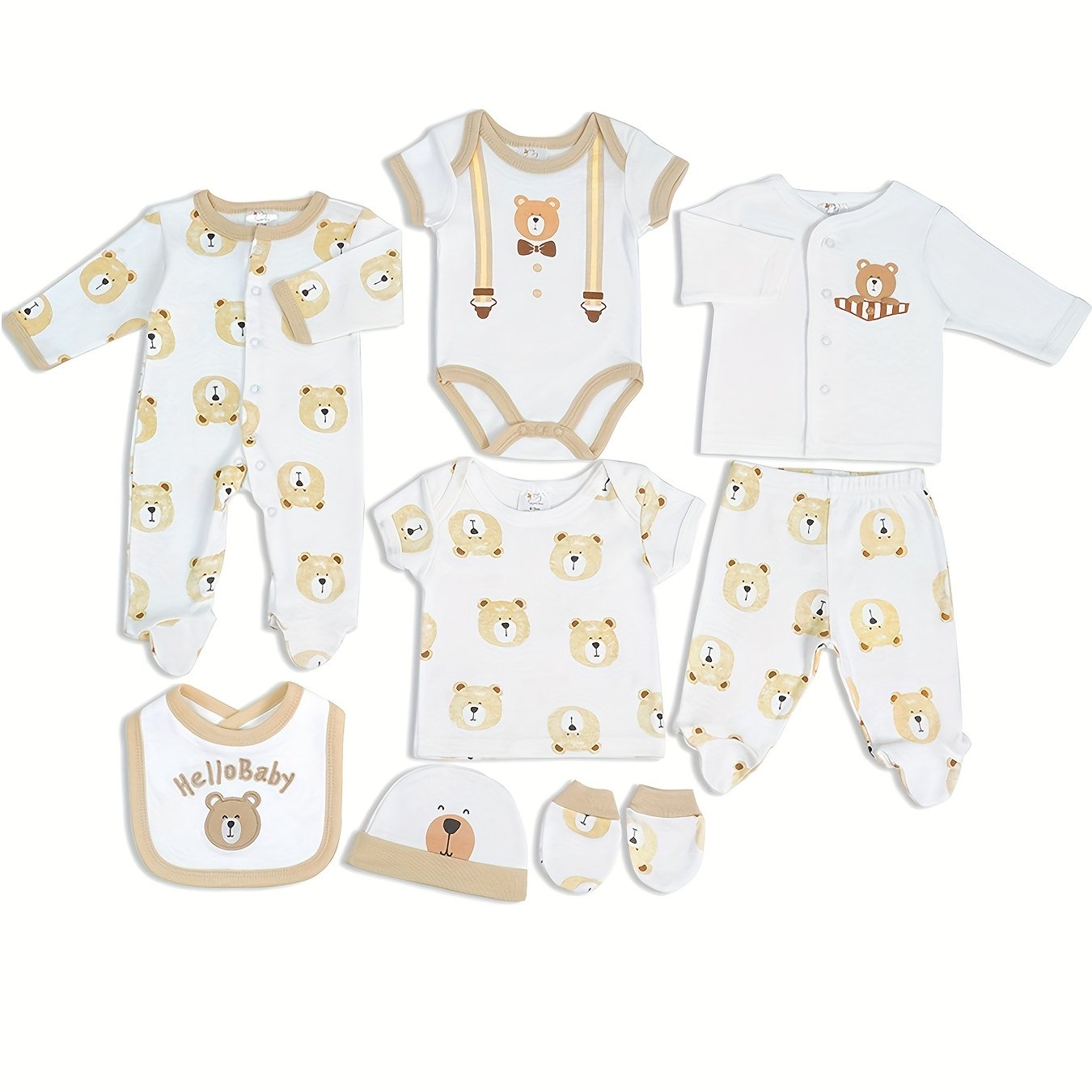 Image of 8pcs Newborn Baby Outfit Set, Soft Rompers, Tops, Pants, Hat, Bib & Mittens For Boys And Girls, Ideal Baby Shower Gift, For Outdoor