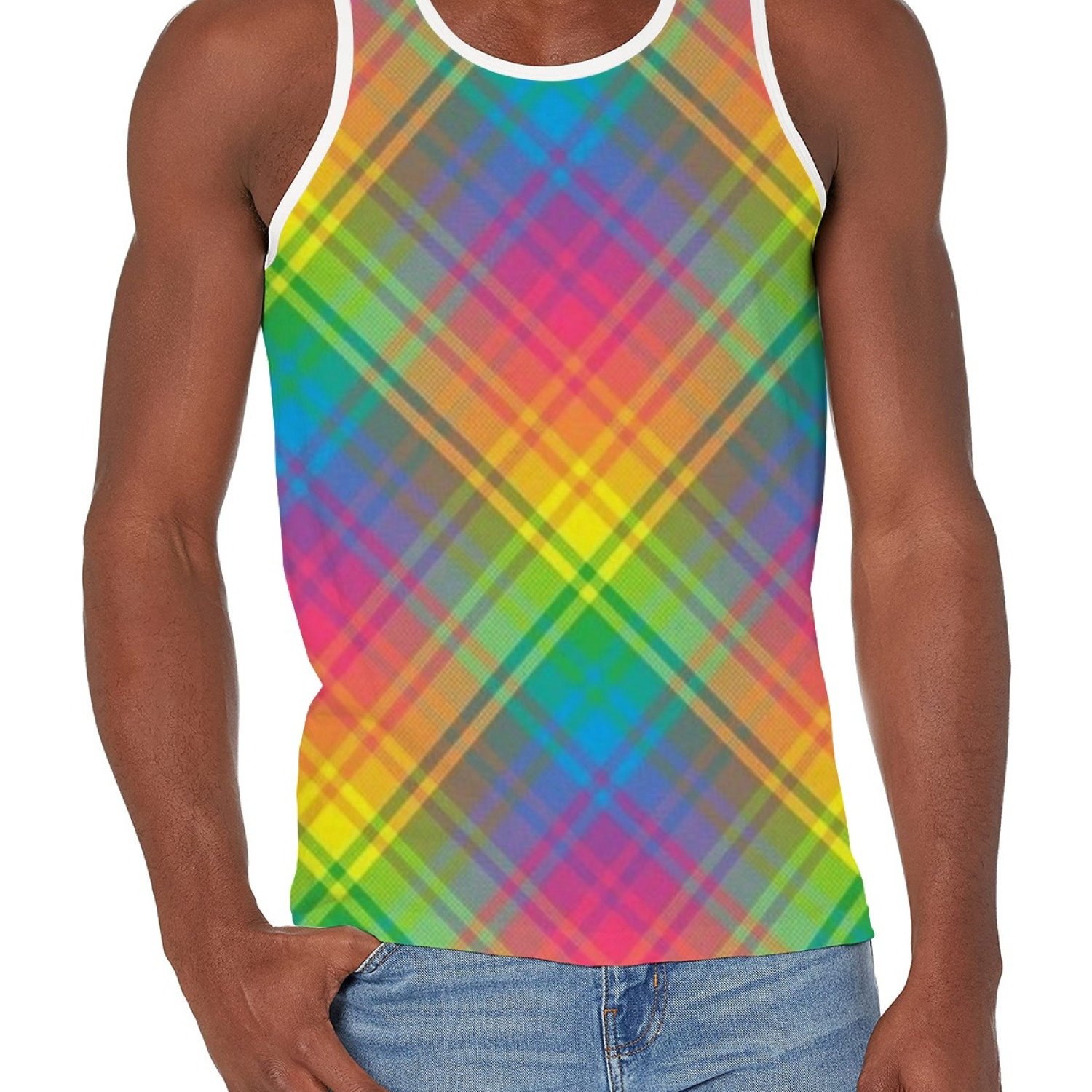 TEMU Print Men's Casual Tank Top, Slim Shoulder Drawstring Vest, Crew Neck, Comfortable And Breathable Top For Gym, Bodybuilding, Running, Marathon,