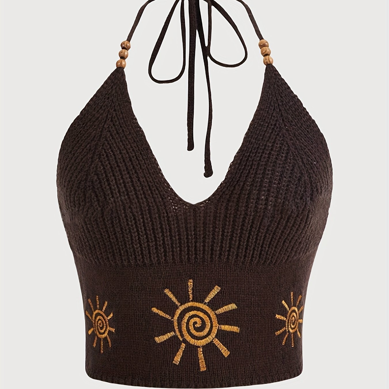 E-shop Elegantes neuartiges besticktes Slim-Fit-Tanktop mit V-Ausschnitt, Trägern zum Binden im Nacken, Neckholder-Ausschnitt Perlen-Details für den