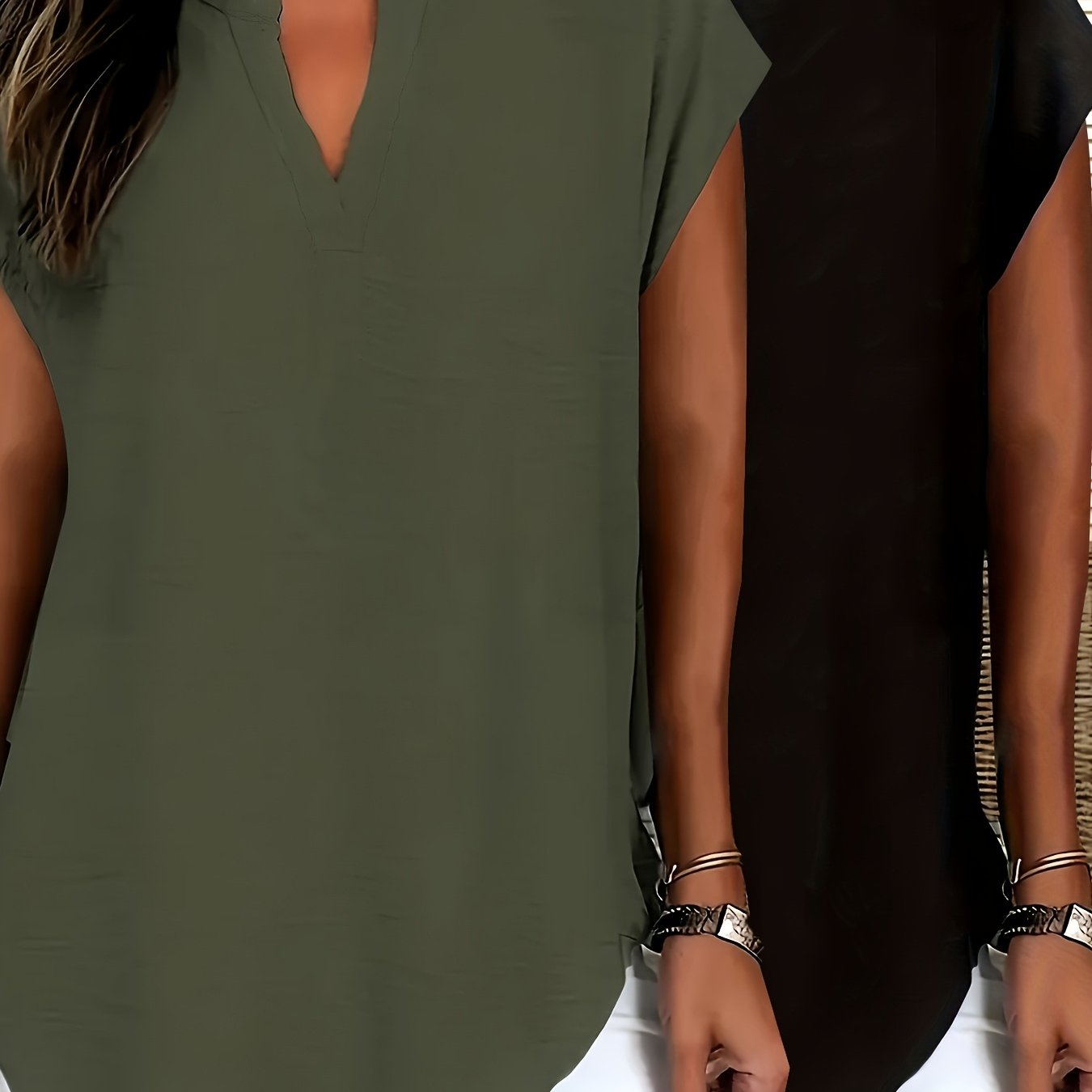 A Two-piece Women's Casual Outfit Featuring A Solid Color V-neck Loose-fitting Short-sleeve Top