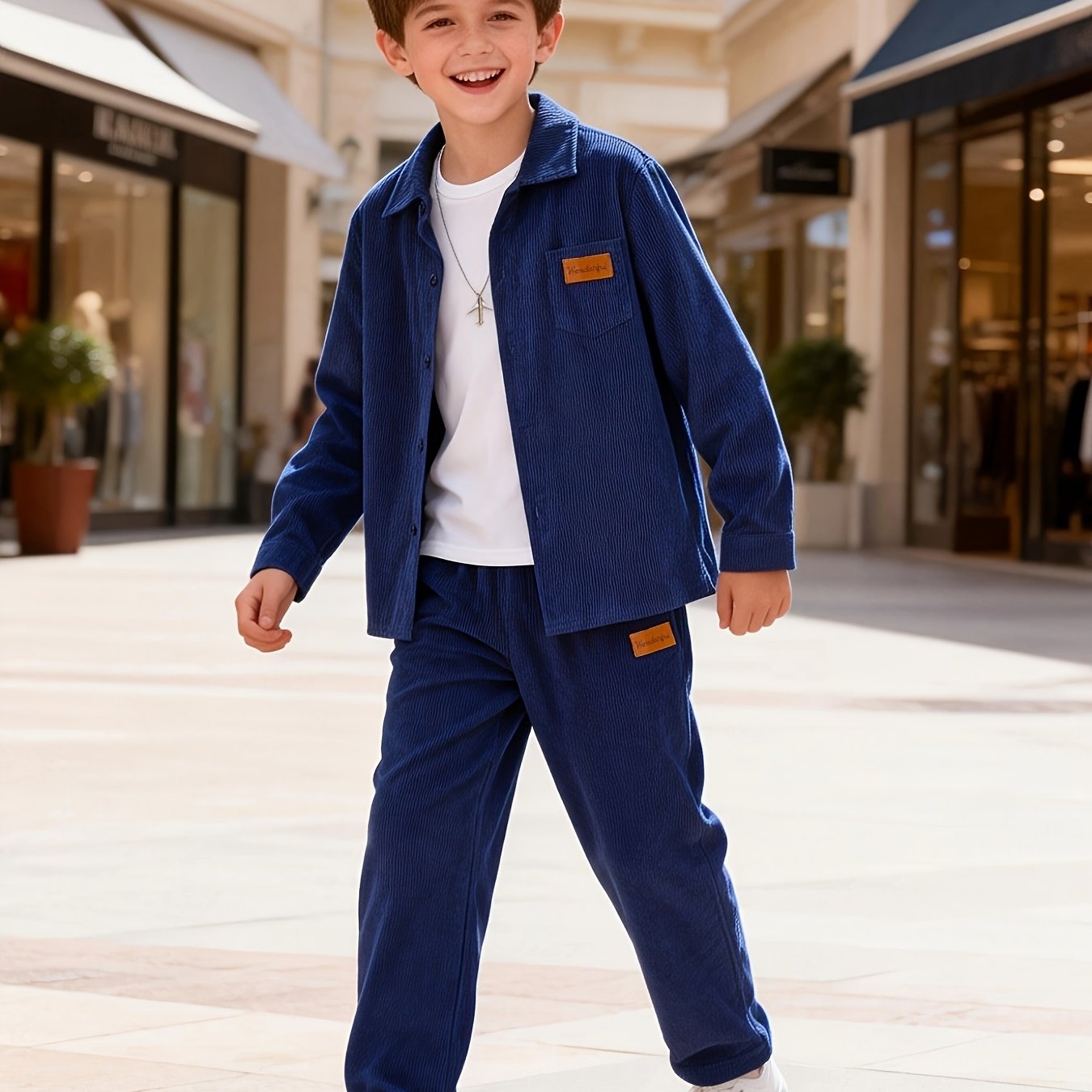 Image of Boys' Spring/autumn Solid Color Long Sleeve Jacket + Elastic Waist Straight Leg Pants Casual Comfortable Two-piece Set For Medium To Large Children, Perfect For Outdoor