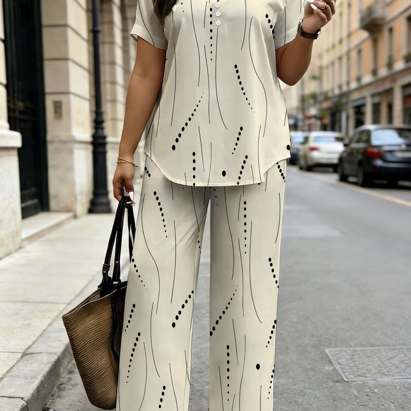 Image of Plus Size, Plus Size Women's Elegant Fashion 2pcs Set. Abstract Beige Dot Print Pattern. Minimalist . Comfortable Casual Outfit. Suitable For Spring Summer Autumn Wear.
