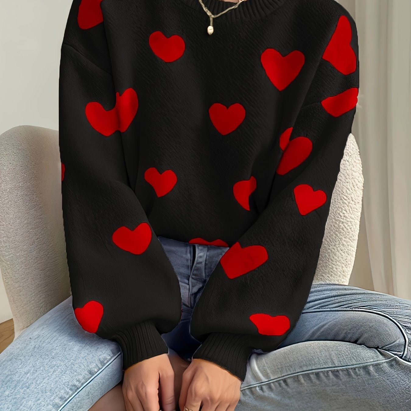 TEMU Spring Autumn Winter Casual Valentine's Day Heart Jacquard Design Contrast Long Sleeve Round Neck Pullover Sweater Top