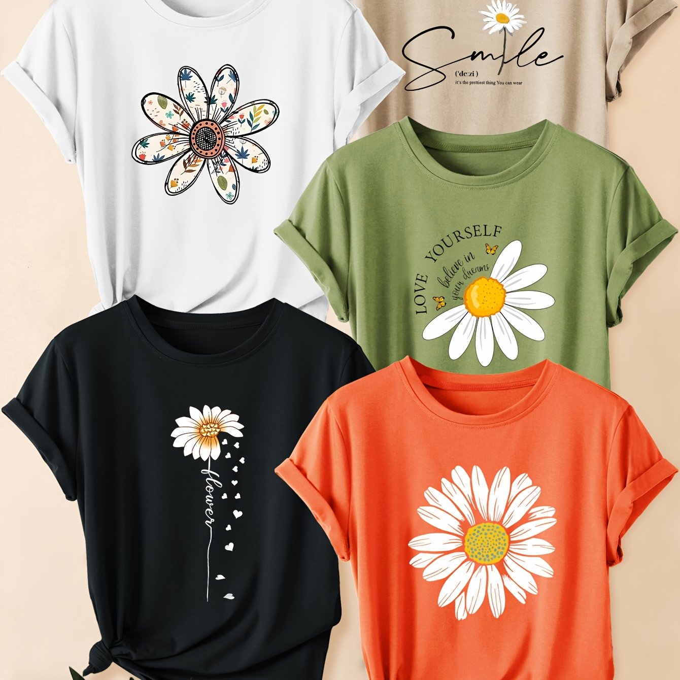 TEMU 5pcs Women's Casual Short Sleeve T-shirts - Floral & Daisy Print Round Neck Relaxed Fit Tees, Breathable Summer Tops With Positive Messages,