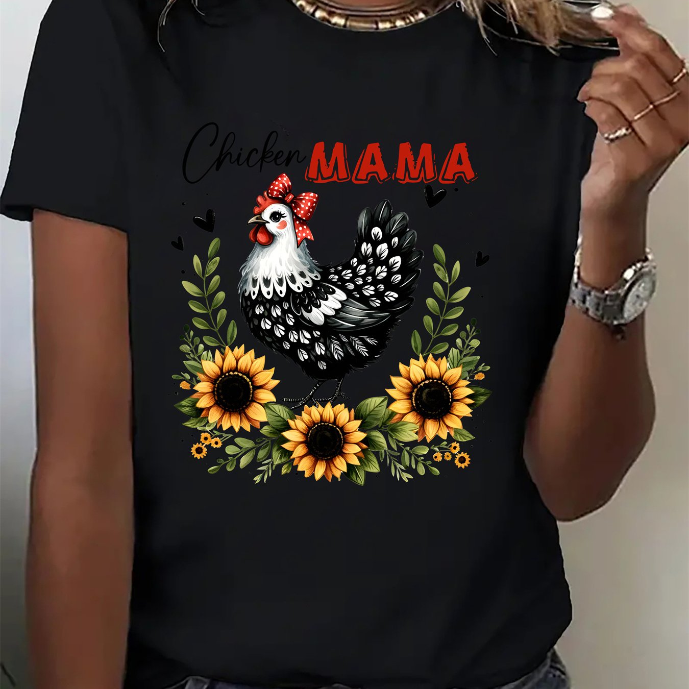 TEMU "chicken Mama" Fashion! Unique Hen Print - A Vibrant Sports Style T-shirt For Women, Perfect For Casual Wear - Comfortable Short-sleeve Top With