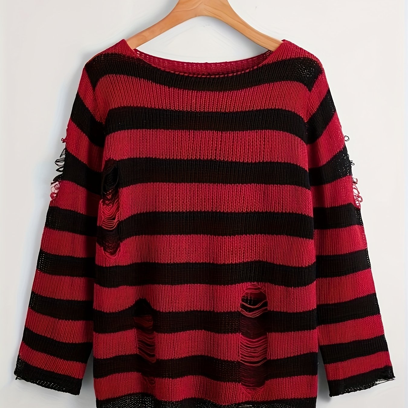 TEMU Round Neck Pullover Sweater Wide Stripe Textured Frayed Distressed Design Long Sleeve Loose Retro