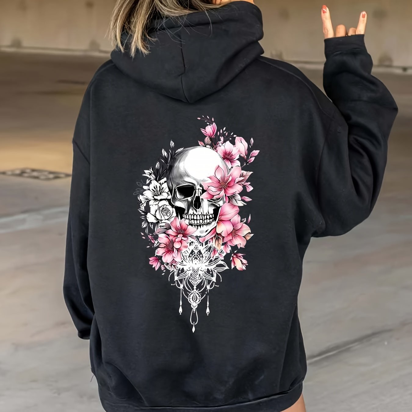 Image of Women's Halloween Horror Skull Floral Print Versatile Fashion Hoodie