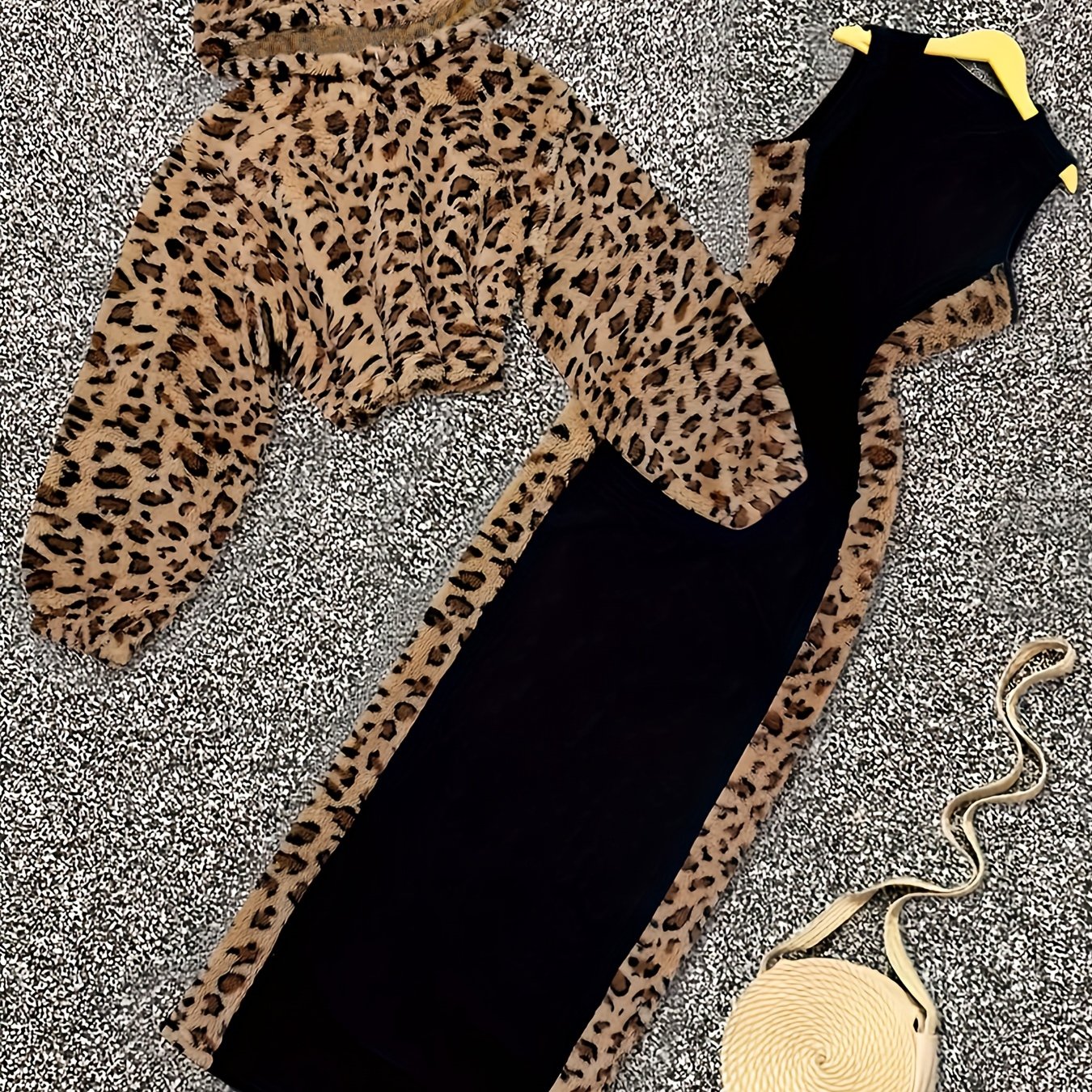 TEMU Women's Leopard Print Two-piece Set Featuring A Y2k Style Plush Hooded And A Sleeveless Maxi Dress. The High-waisted, Low-crotch Design With For