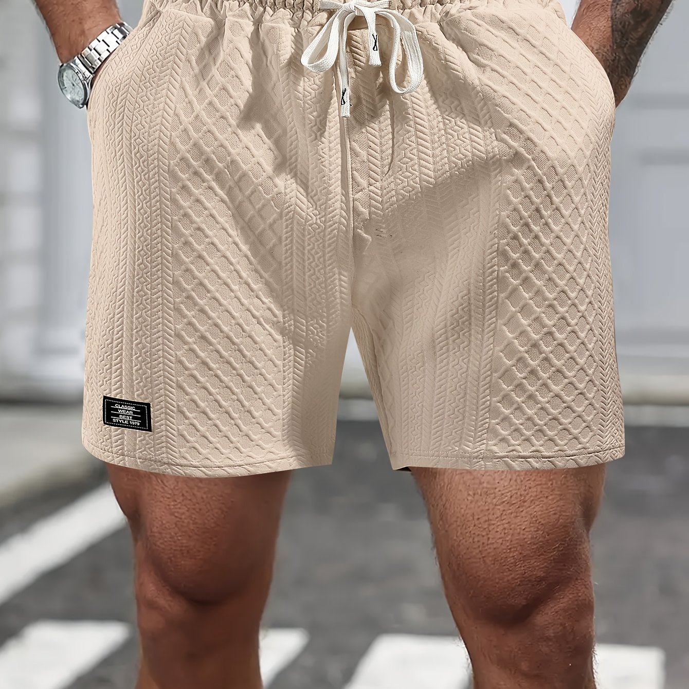 [summer Shorts]summer Masonry Texture Elastic Breathable Casual Shorts | Men's Fashion Shorts With Workwear Pockets And Drawstring Design For Outdoor Sports, Running And Street Fashion